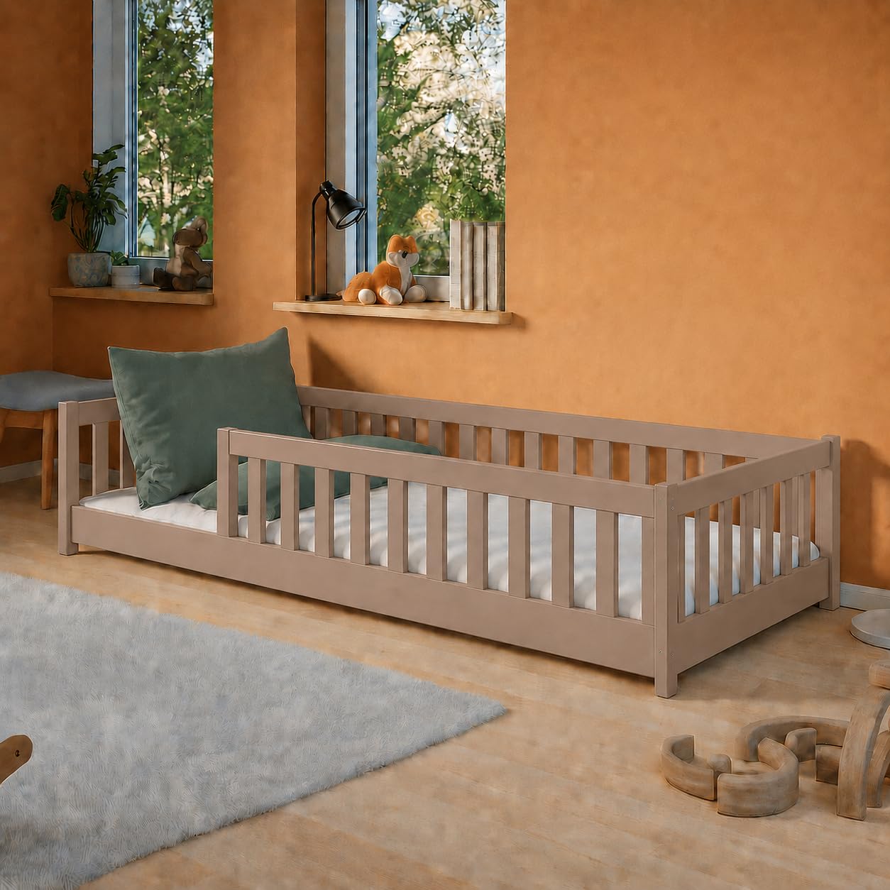 Kids Collective Kinderbett Bodenbett 120x200 cm Bett mit Rausfallschutz & Lattenrost Montessori Bett Bed Gitterbett Kinder Jugendbett Einzelbett | Natur Kiefer Holz massiv Junge Mädchen