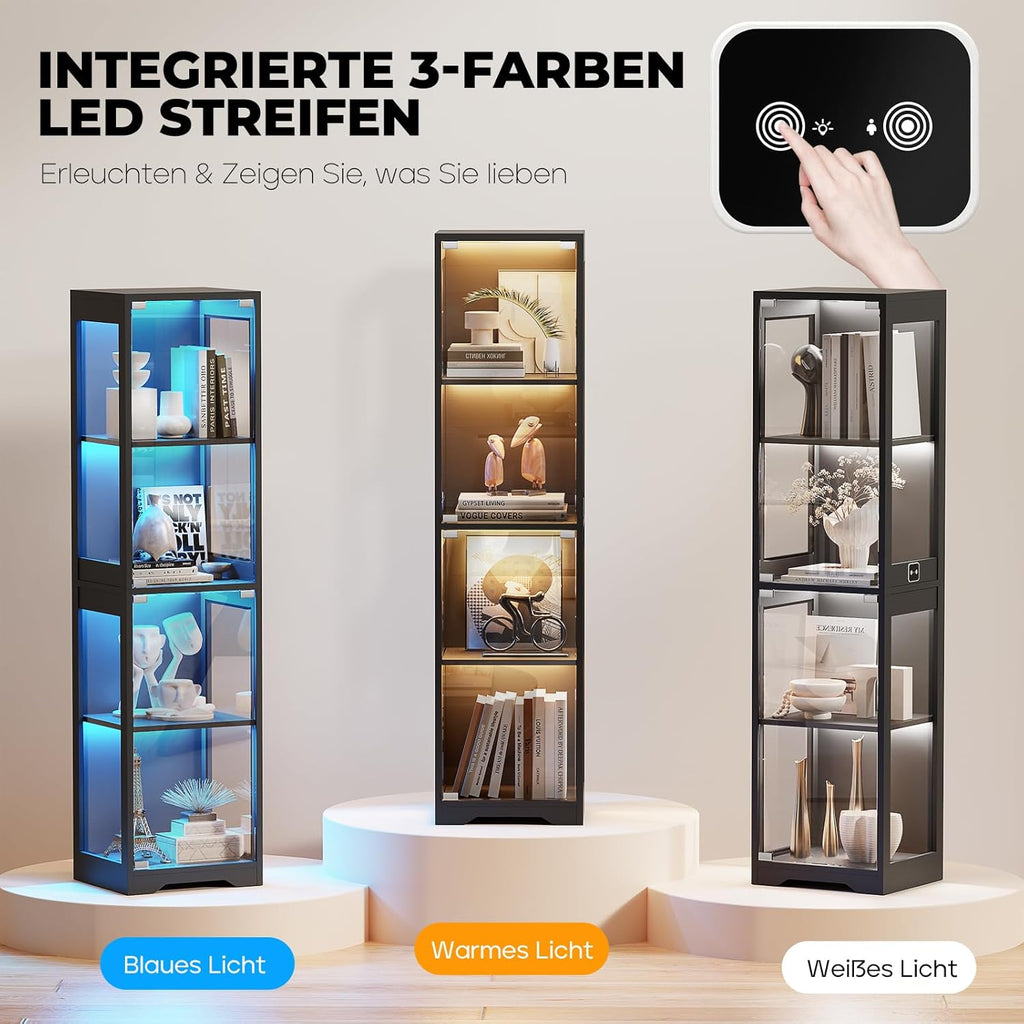 BROTTAR Glasvitrine mit Dreifarbig LED Beleuchtung und Glastüren, Glasvitrine Stehend mit Körpersensor-System, Sammlervitrine für Wohnzimmer, Büro, Bücher, Spielzimmer, Schwarz (40 x 35 x 160cm)