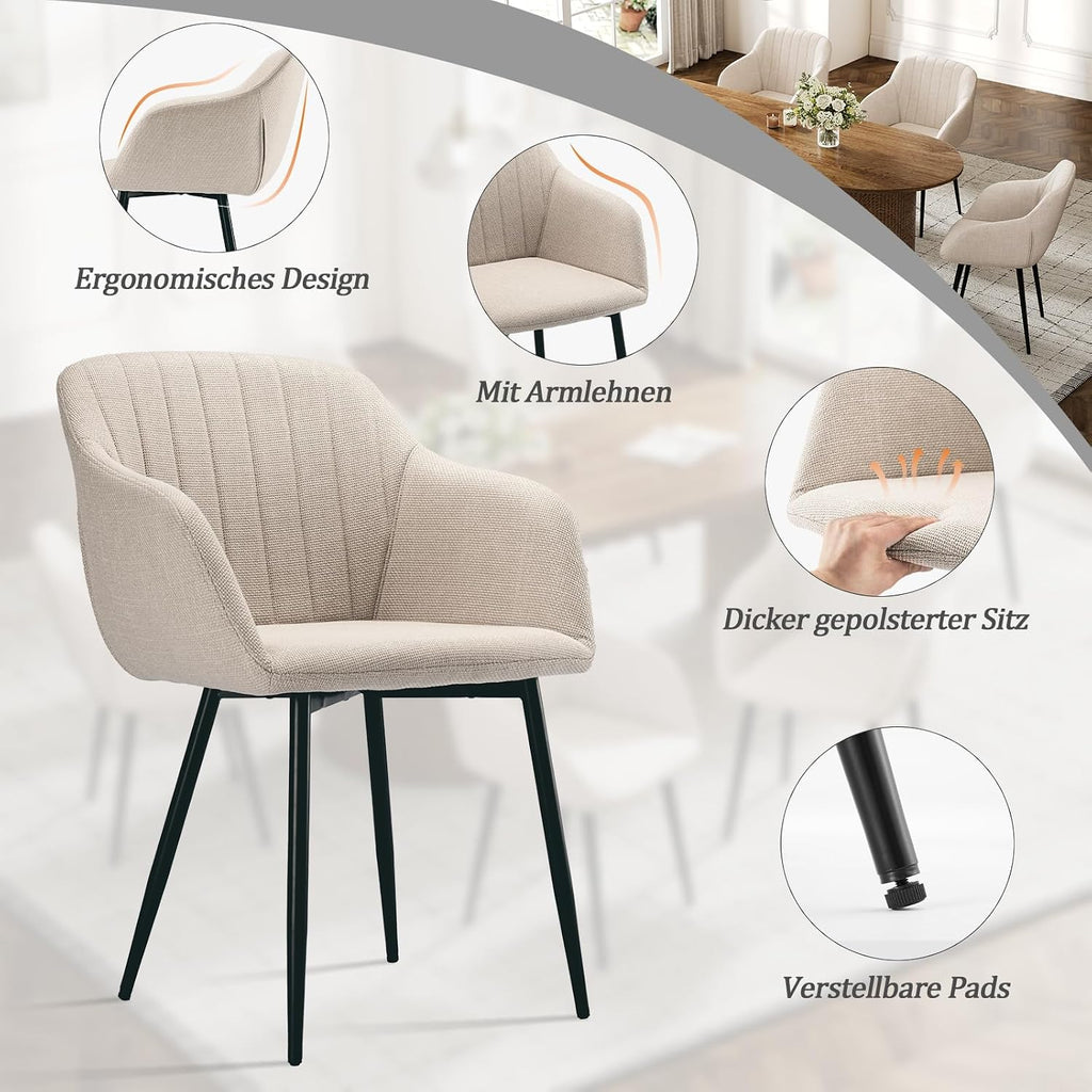 Esszimmerstühle Beige 4er Set mit Armlehnen, Modern Polsterstühle Leinen, Küchenstühle mit Metallgestell für Esszimmer, Wohnzimmer, Küche