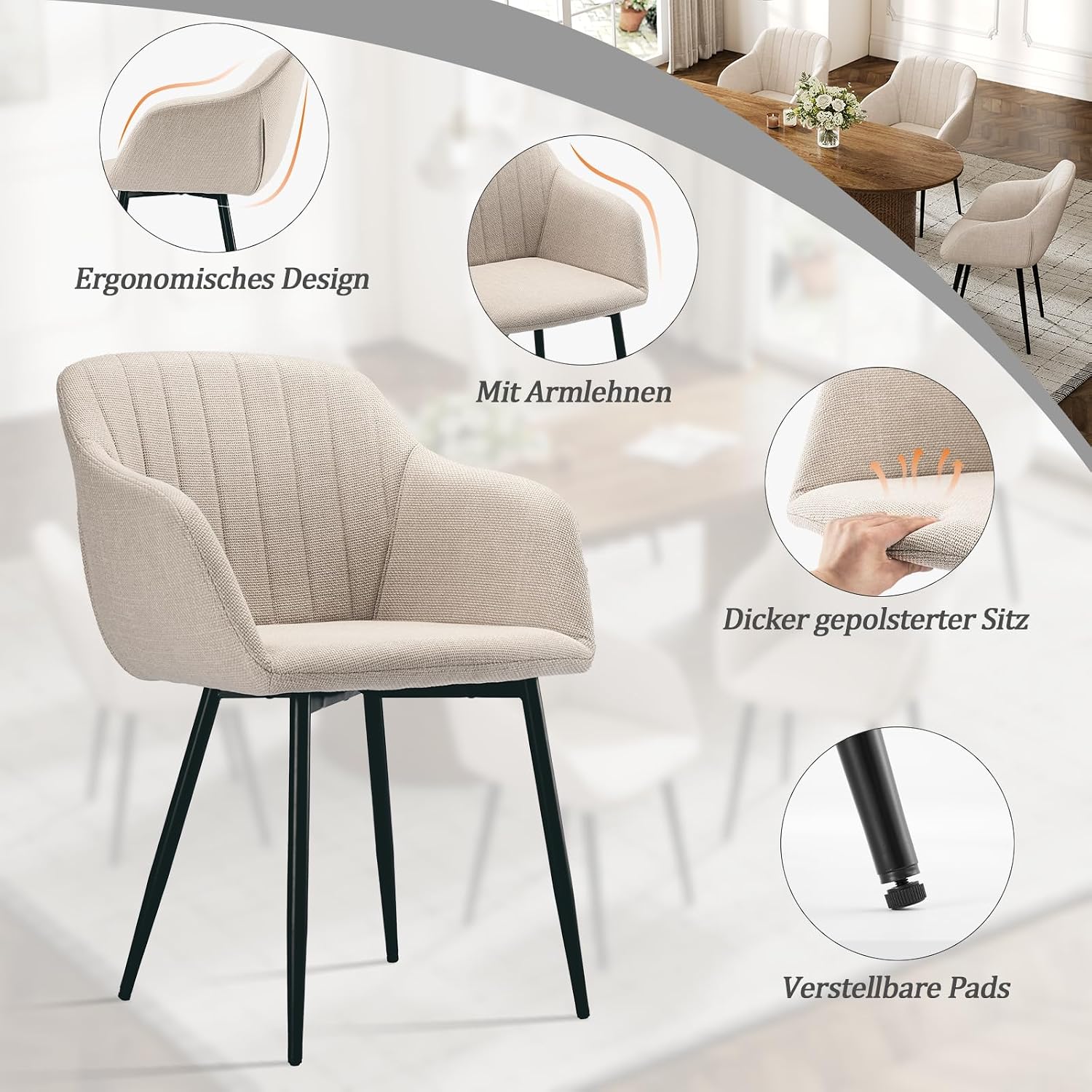 Esszimmerstühle Beige 4er Set mit Armlehnen, Modern Polsterstühle Leinen, Küchenstühle mit Metallgestell für Esszimmer, Wohnzimmer, Küche
