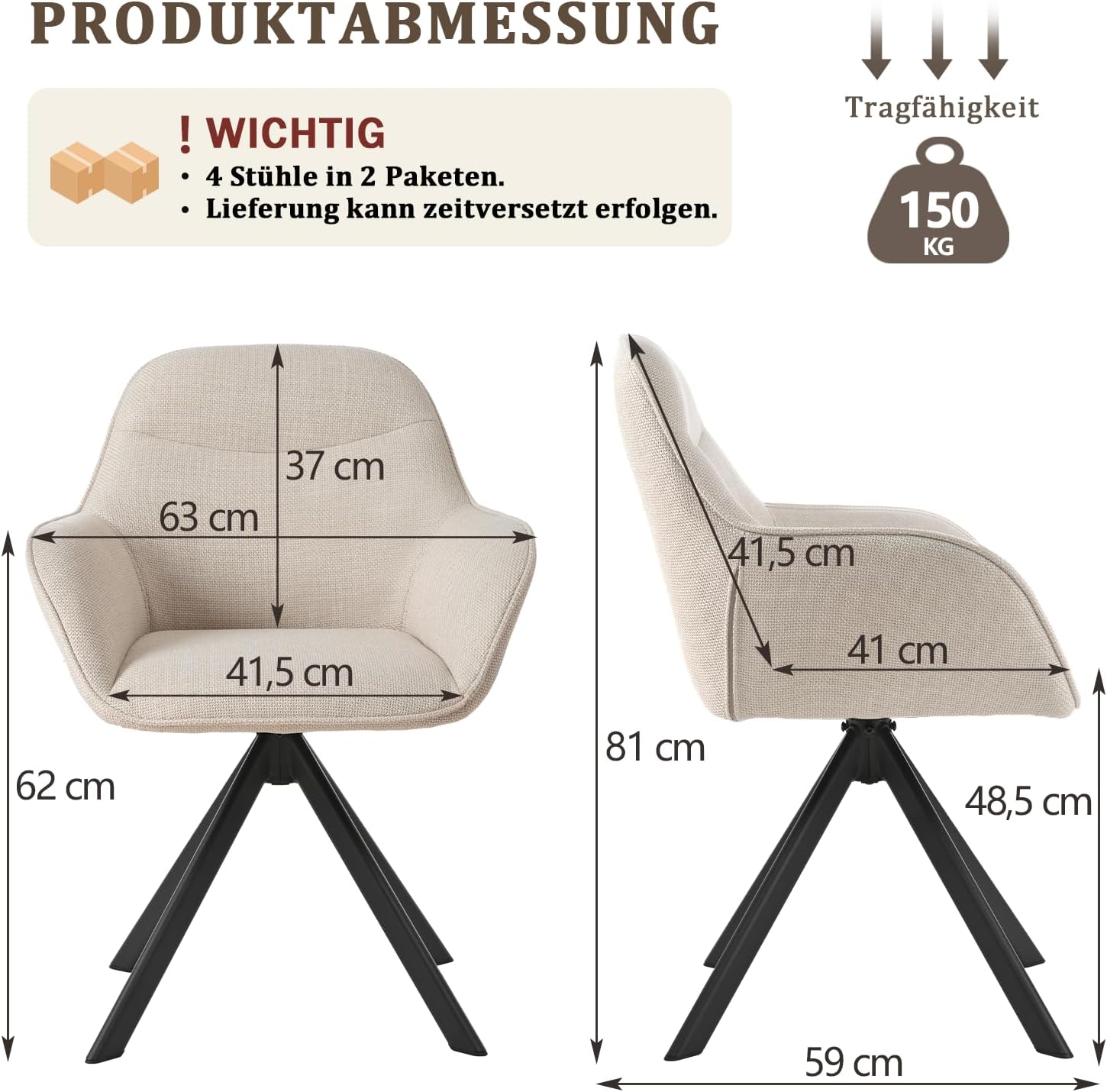 Esszimmerstühle Drehbar 4er Set mit Armlehne, 360° drehbar, Polsterstuhl Leinen, Drehstuhl Esszimmer Beige, Küchenstuhl mit Metallbeine für Esszimmer, Wohnzimmer, Büro