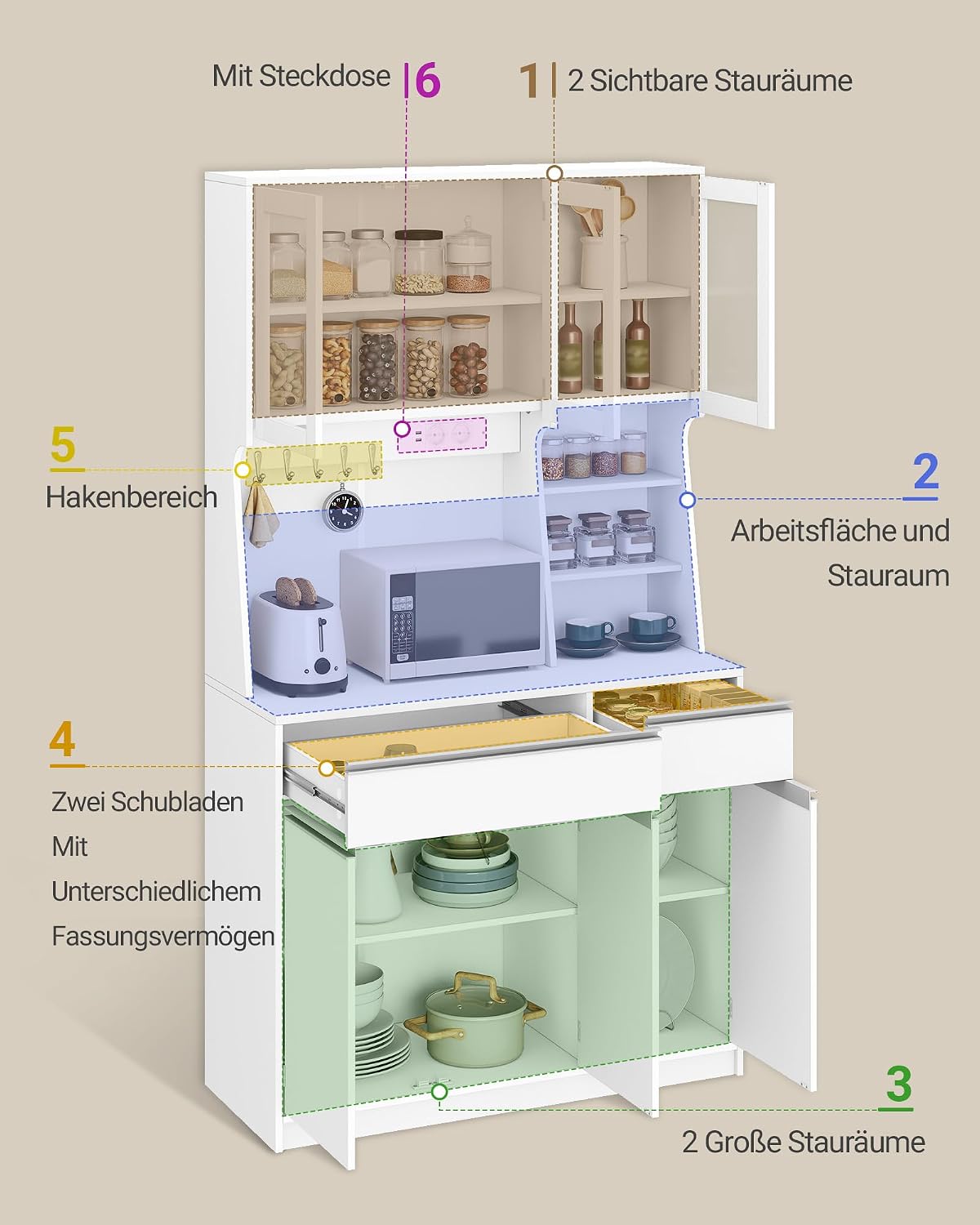 Hzuaneri küchenschrank, Buffetschrank, mit Steckdosen und Led-Lichtleisten