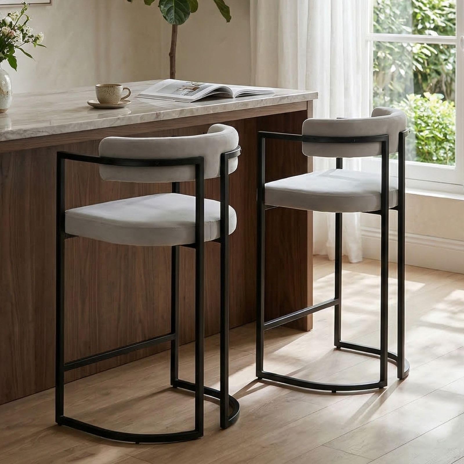 chairus Barhocker 2er Set mit Lehne Kunstfell bar Stool Tresenhocker Weiß