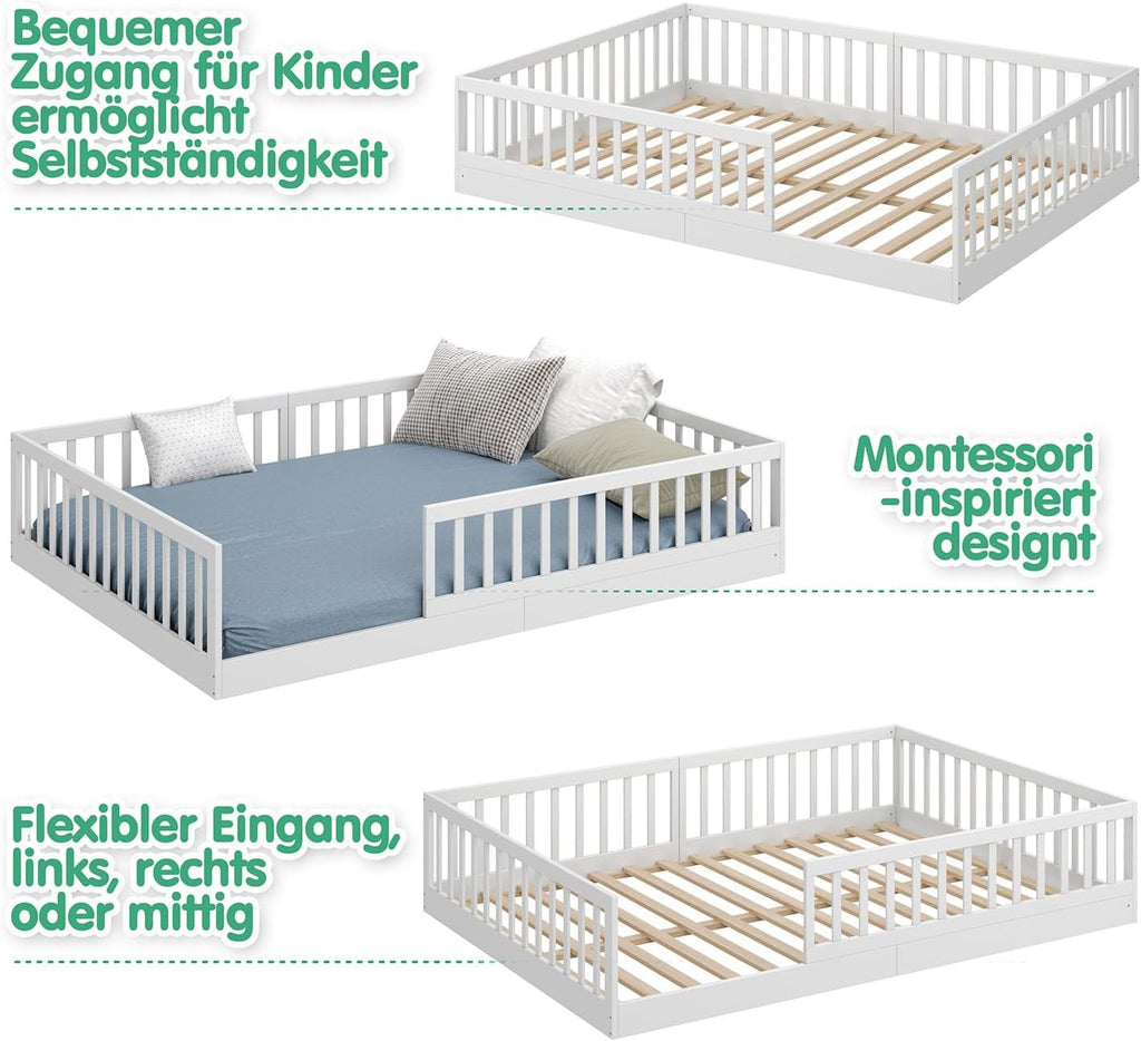 CADANI TIMI XL Bodenbett 140x200 Weiß, Rausfallschutz abnehmbar, bis 200 kg