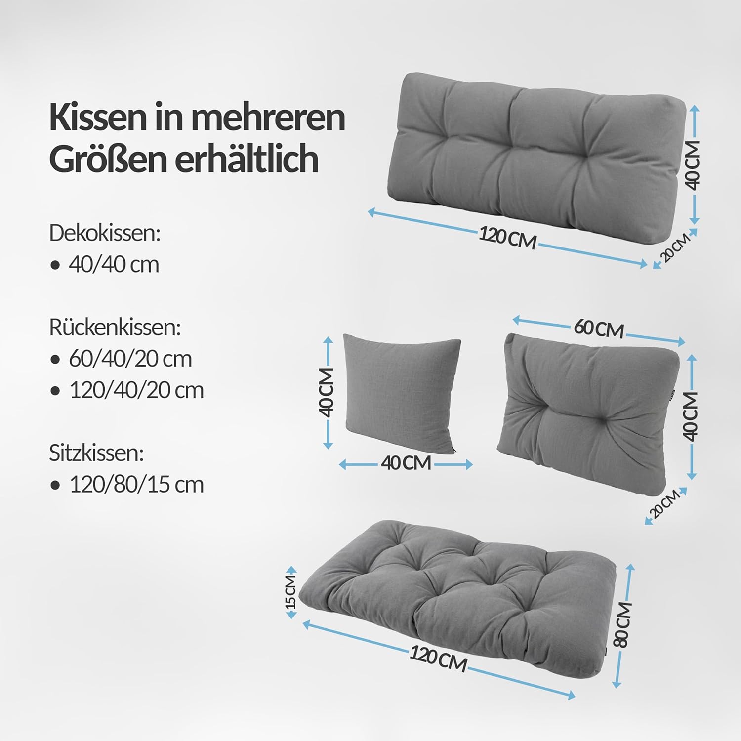 POKAR Palettenkissen Wasserabweisend Palettenauflagen Palettenmöbel Palettensofa 8er Set: Sitzkissen 120x80 + Rückenlehne 120x40, Anthrazit