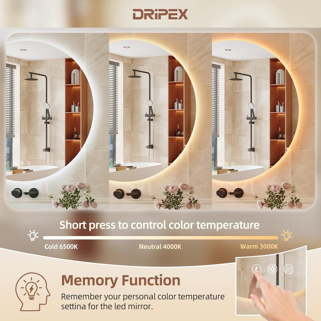 Dripex Badezimmerspiegel Led Badspiegel Rund, Touch-Schalter, Dimmbar, 3 Lichtfarbe Einstellbare Spiegel Bad mit Beleuchtung, LED Wandspiegel mit Licht, Beschlagfrei 80x80 cm
