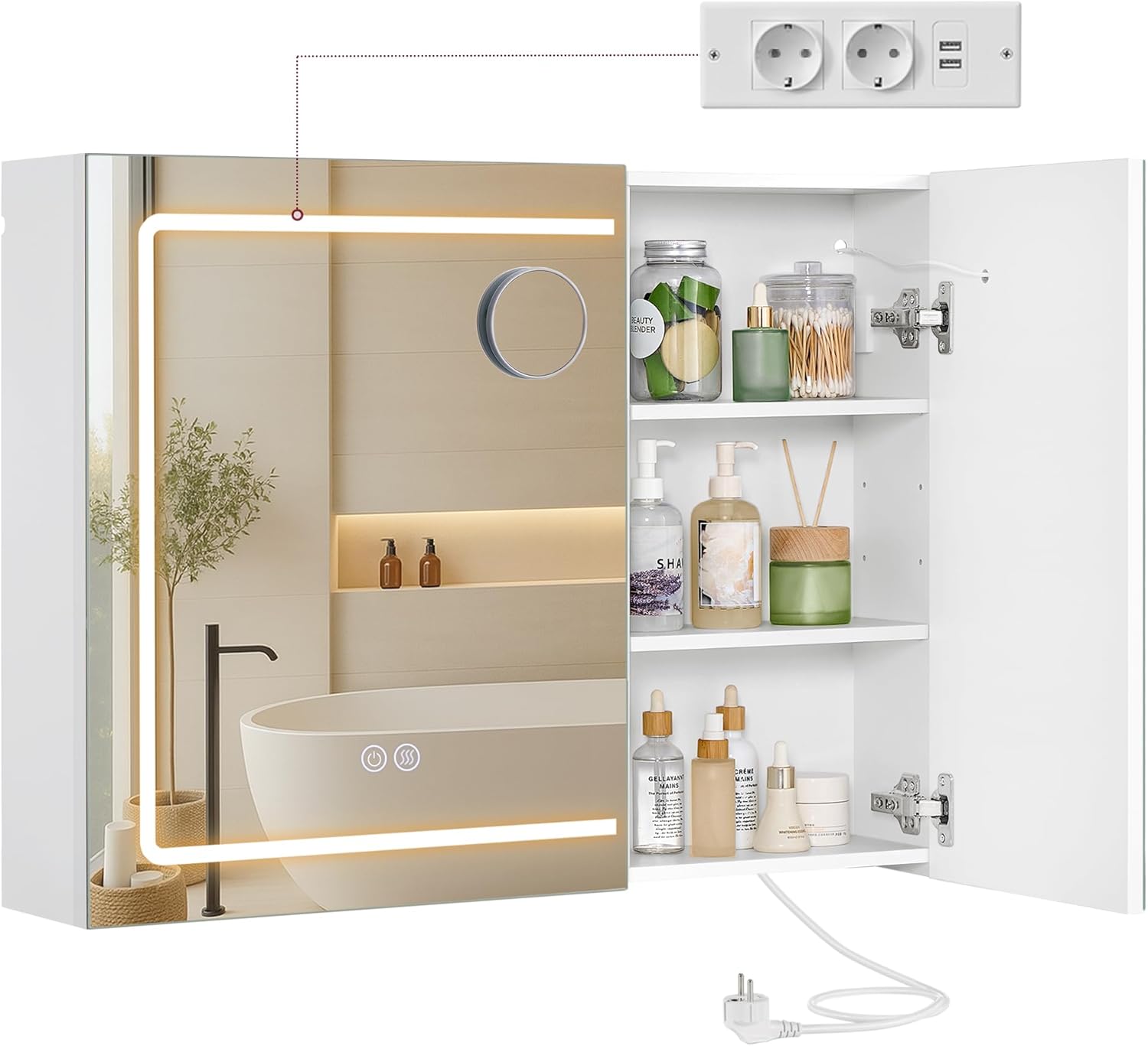 VASAGLE Spiegelschrank mit Beleuchtung, Wandschrank, 16,5 x 80 x 60 cm