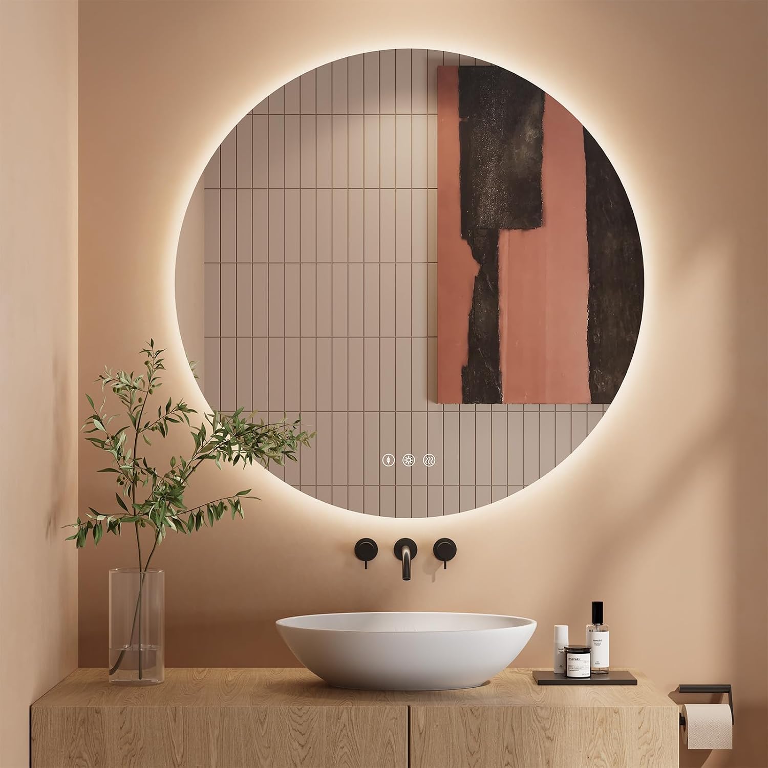 Dripex Badezimmerspiegel Led Badspiegel Rund, Touch-Schalter, Dimmbar, 3 Lichtfarbe Einstellbare Spiegel Bad mit Beleuchtung, LED Wandspiegel mit Licht, Beschlagfrei 80x80 cm