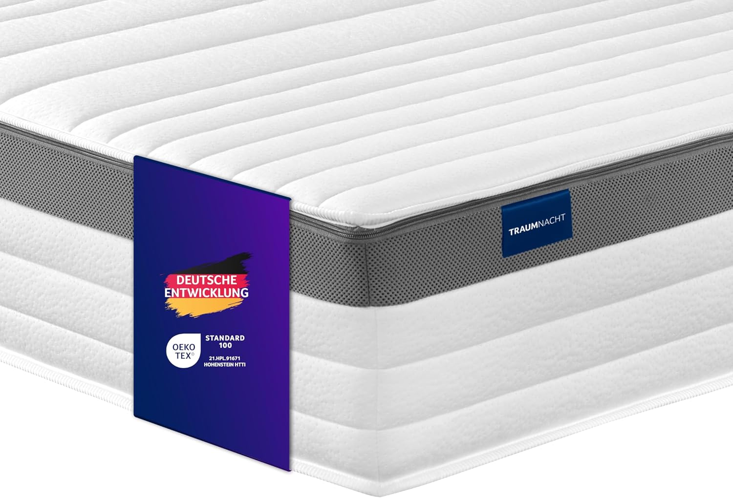 Traumnacht Exklusiv 7-Zonen 1.000er Tonnentaschenfederkernmatratze, Stiftung Warentest Testurteil Gut - Ausgabe 10/2023, 23 cm Premiumhöhe, Öko-Tex zertifiziert, Härtegrad 4 (H4), 100 x 200 cm