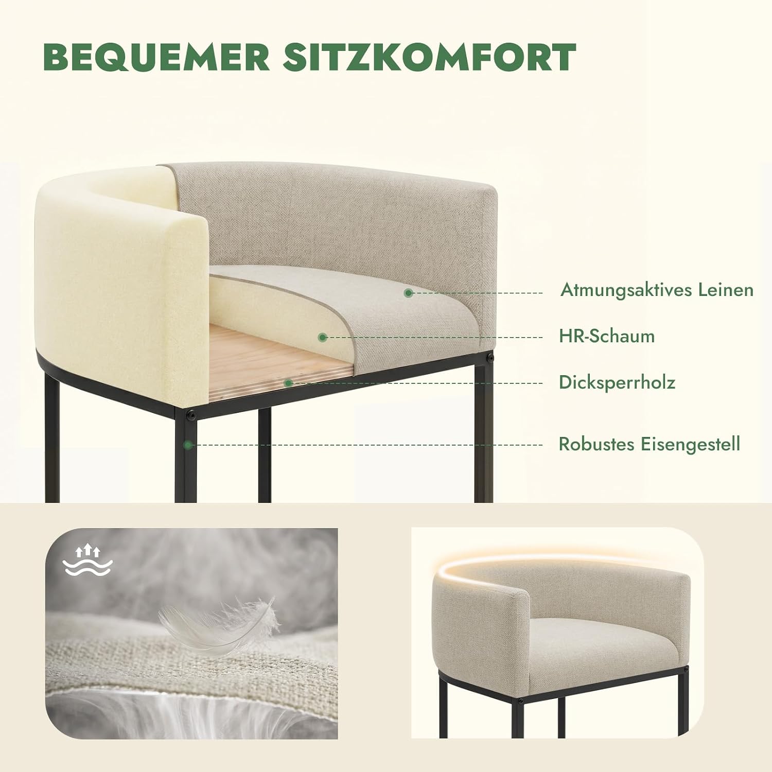 Barhocker 2er Set, 62 cm Leinen, Beige