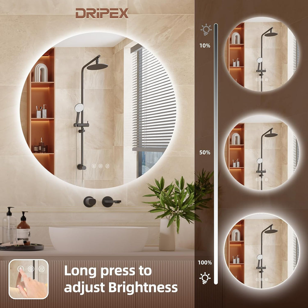 Dripex Badezimmerspiegel Led Badspiegel Rund, Touch-Schalter, Dimmbar, 3 Lichtfarbe Einstellbare Spiegel Bad mit Beleuchtung, LED Wandspiegel mit Licht, Beschlagfrei 80x80 cm