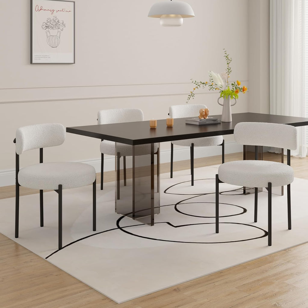 Hawthyhome Esszimmerstühle 4er Set丨Teddy Stoff Runde Boucle Stühle·Mid-Century gepolsterte Küchenstühle·Dining Chairs mit Metallbeinen·Creme Wei߷