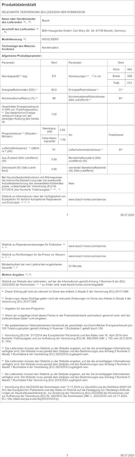 Bosch WQG235D00, Stiftung Warentest GUT (2,2)*, Serie 6, Wärmepumpentrockner 8 kg, Schneller getrocknete Wäsche, Auto Dry, Option Halbe Beladung, Sensitive Drying-System, Selbstreinigender Kondensator