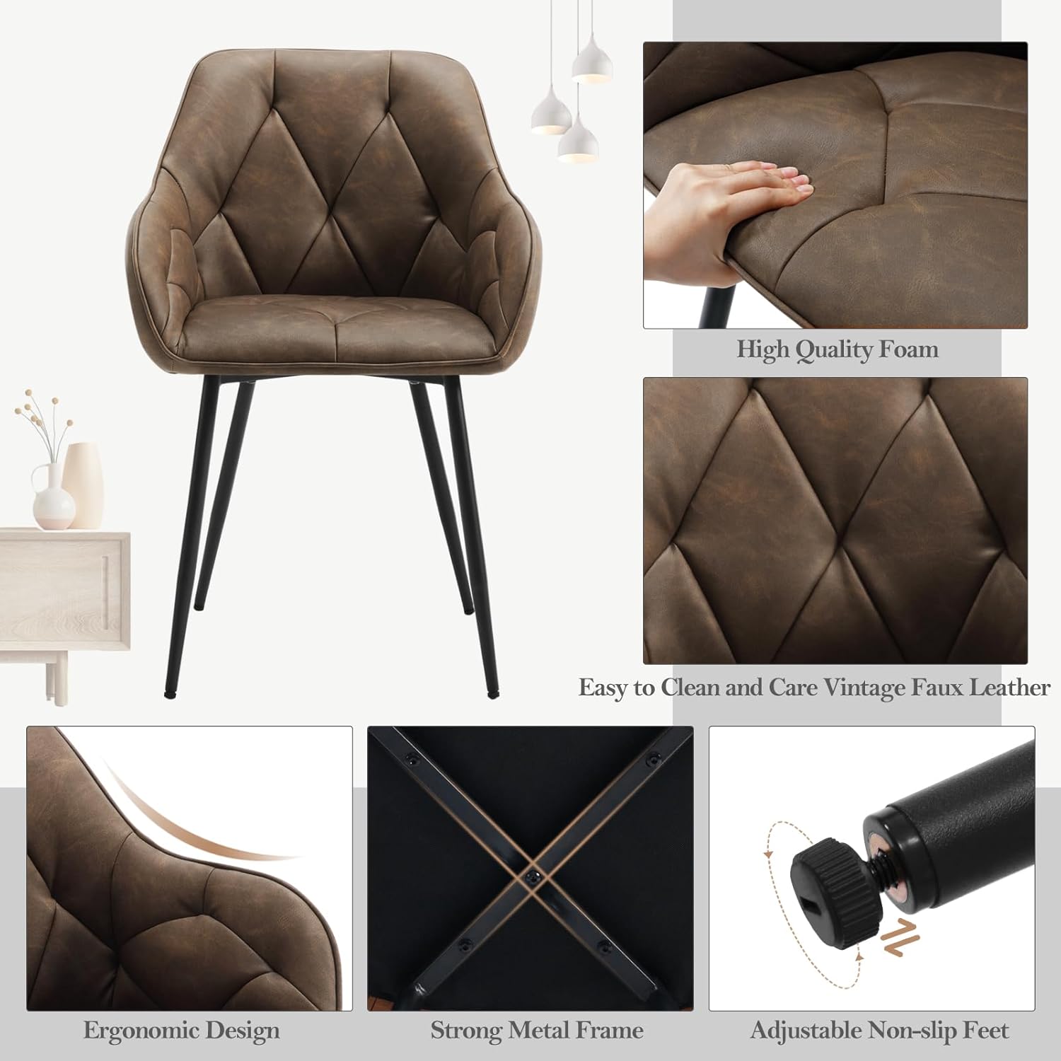 WOLTU Esszimmerstühle 4er Set, für Esszimmer Wohnzimmer, ergonomische Küchenstühle gepolstert mit Armlehnen, Metallbeinen, Sitzfläche aus Vintage-Kunstleder,Dunkelbraun