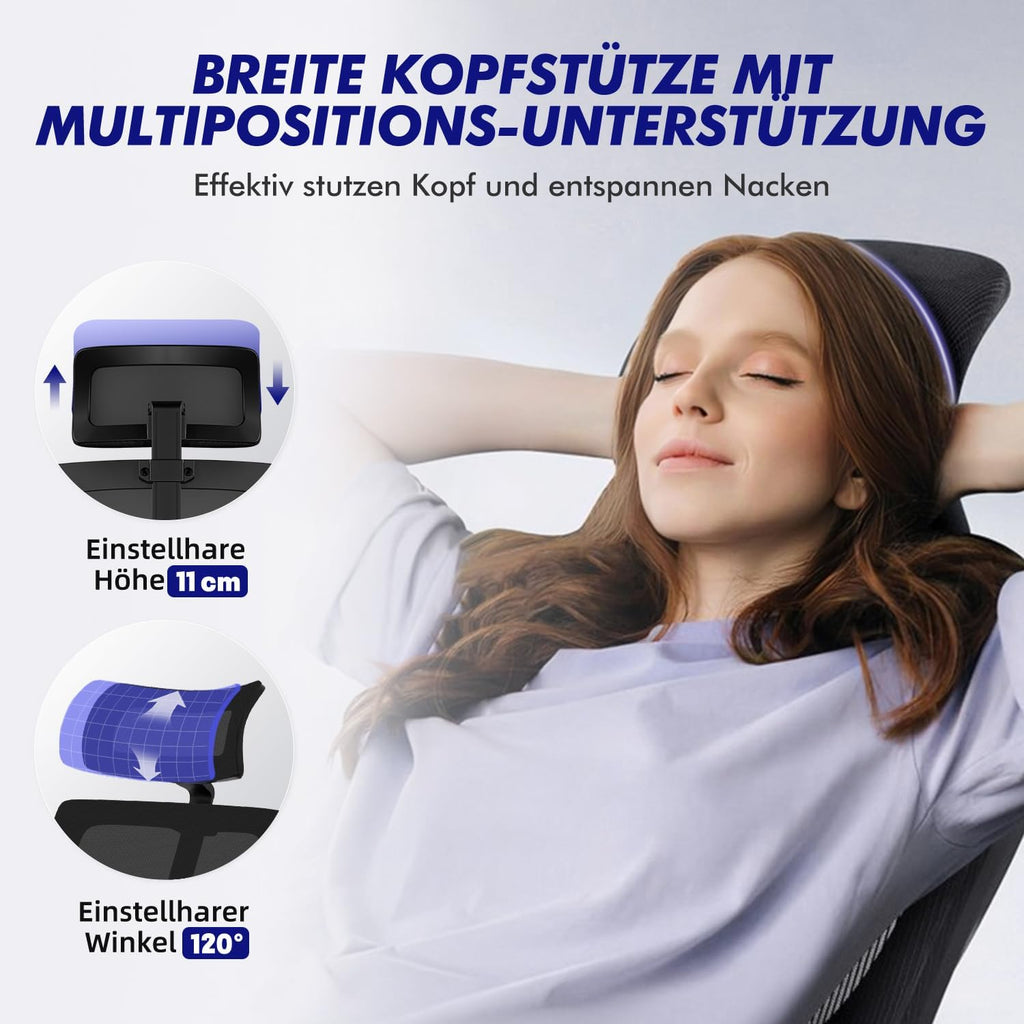 Daccormax Bürostuhl, Bürostuhl Ergonomisch Schreibtischstuhl mit Verstellbaren Armlehnen, Kopfstütze und weiche Lendenstütze aus Naturschwamm, Chefsessel Drehstuhl Wippfunktion 200kg, Schwarz