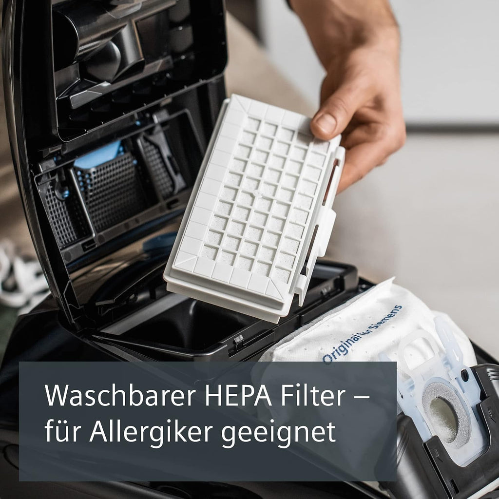 Siemens Staubsauger mit Beutel Q5.0 extreme silencePower VSQ5X1230, ideal für Allergiker, Hygiene-Filter, starke Saugleistung, Bodendüse für Parkett, Teppich, Fliesen, langes Kabel, 850 W, schwarz