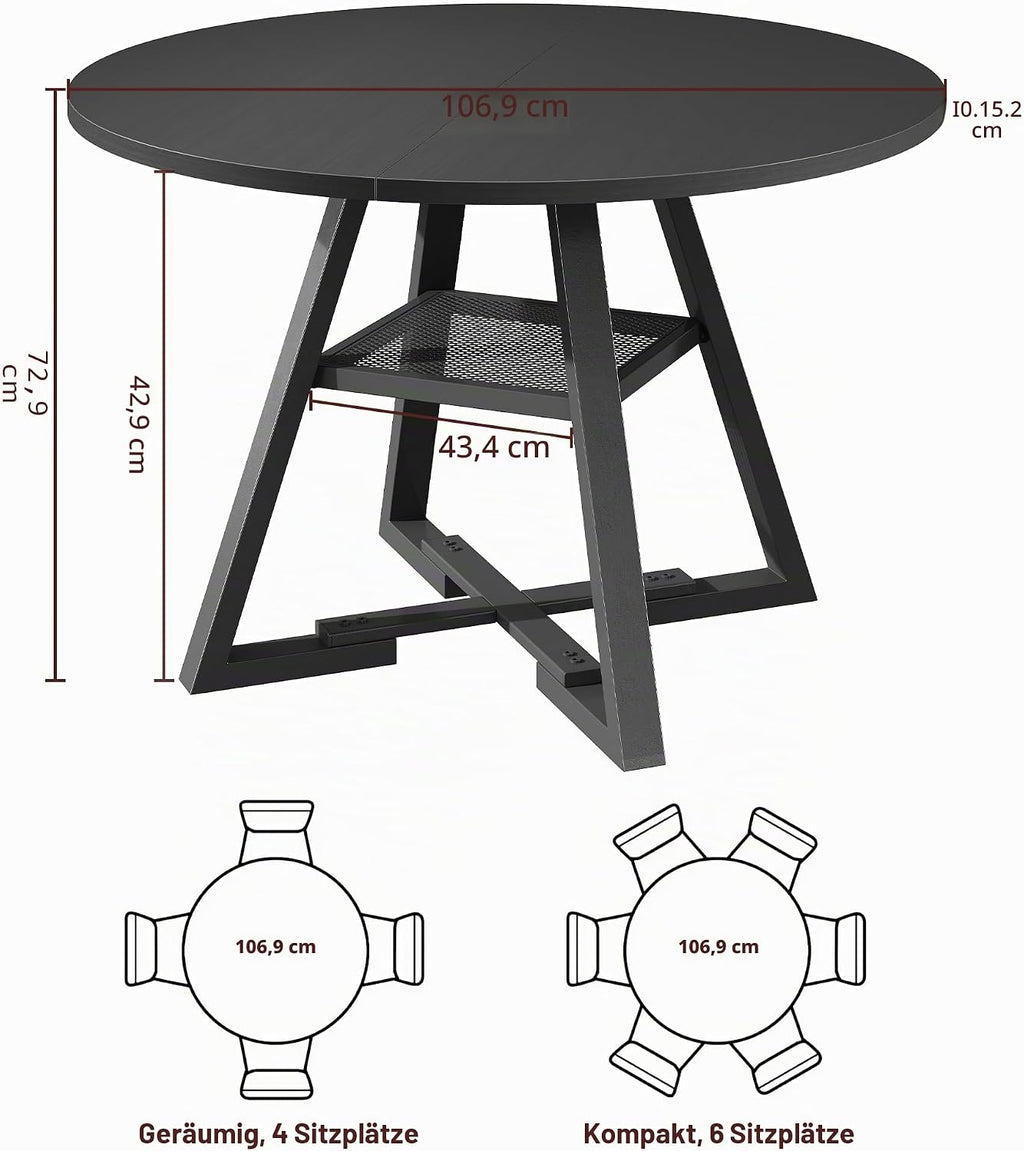 Jocoevol Esstisch Runder für 2–4 Personen, Esszimmertisch mit Ablage, platzsparender Küchentisch aus Holz im Industrial Design (Schwarz, 107x107x76cm)