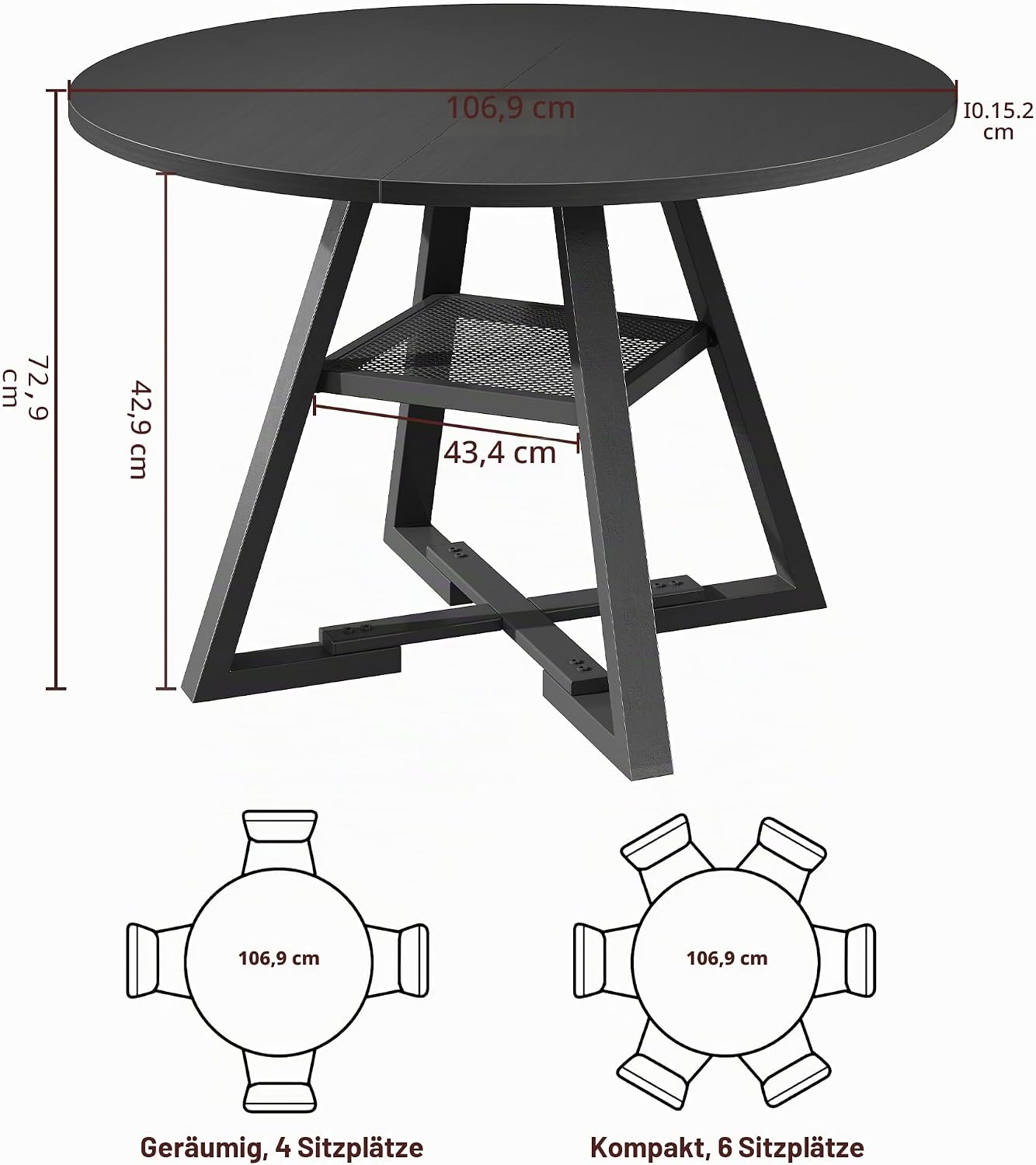 Jocoevol Esstisch Runder für 2–4 Personen, Esszimmertisch mit Ablage, platzsparender Küchentisch aus Holz im Industrial Design (Schwarz, 107x107x76cm)