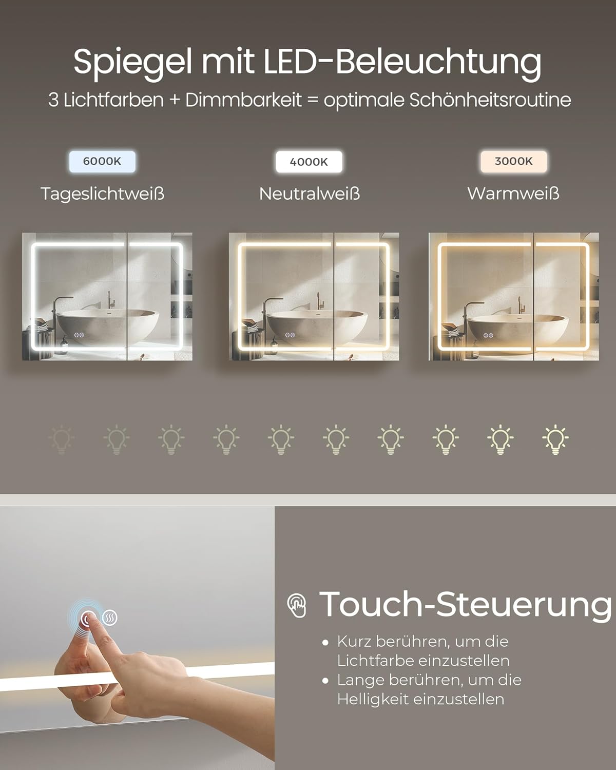 VASAGLE Spiegelschrank mit Beleuchtung, Wandschrank, 16,5 x 80 x 60 cm