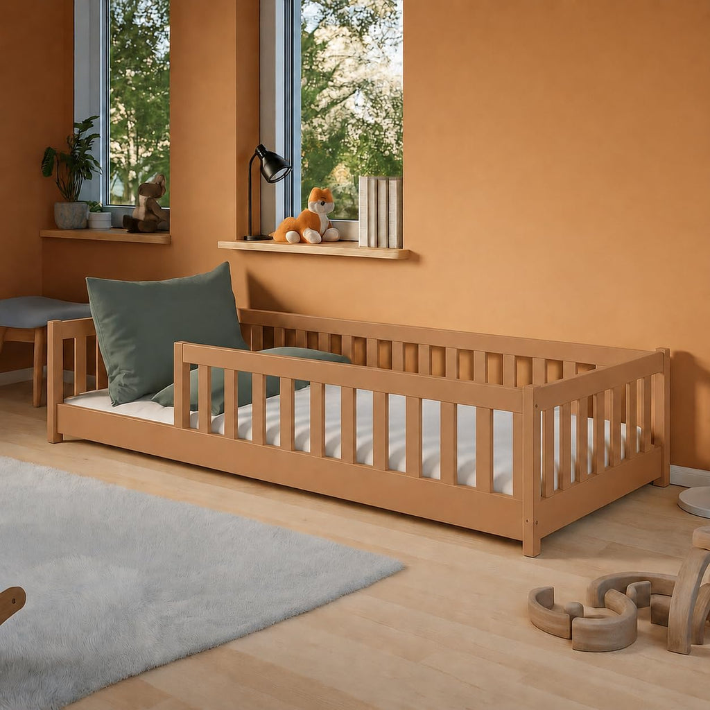 Kids Collective Kinderbett Bodenbett 120x200 cm Bett mit Rausfallschutz & Lattenrost Montessori Bett Bed Gitterbett Kinder Jugendbett Einzelbett | Natur Kiefer Holz massiv Junge Mädchen
