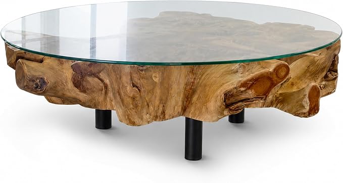 Bressmer NAGA Couchtisch Teakholz Wurzelholz Rund Ø100 cm – Massiver Wohnzimmertisch mit Sicherheitsglasplatte & Stahlfüßen