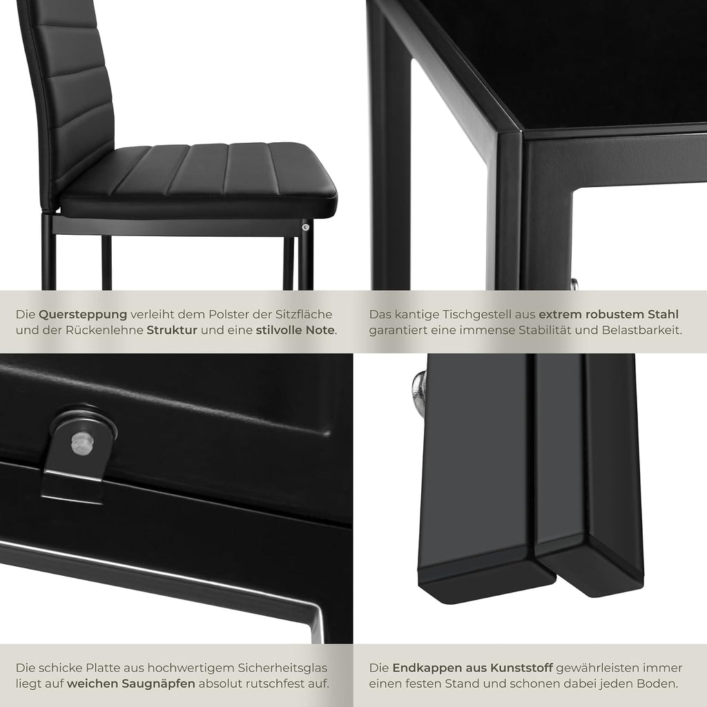tectake Essgruppe Set Tisch und Stühle, Esstisch und 4X Stuhl, strapazierfähiges Kunstleder, Tischplatte aus Sicherheitsglas, Küchenstühle modern, Küche - schwarz