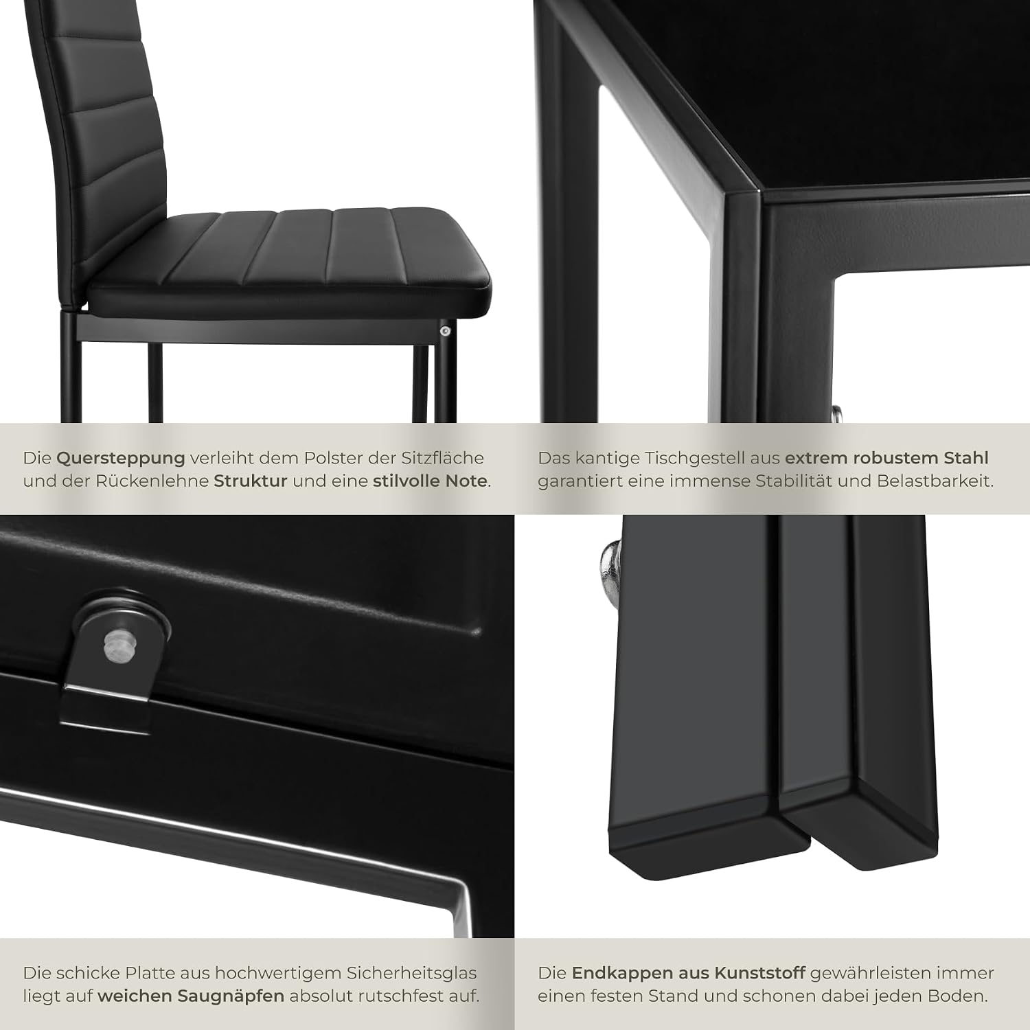 tectake Essgruppe Set Tisch und Stühle, Esstisch und 4X Stuhl, strapazierfähiges Kunstleder, Tischplatte aus Sicherheitsglas, Küchenstühle modern, Küche - schwarz