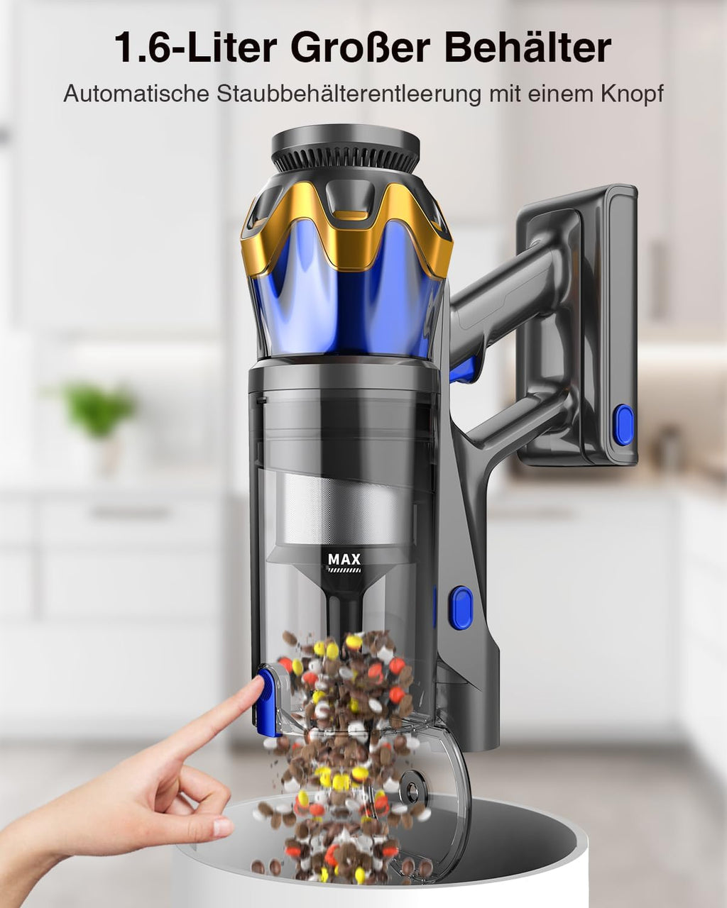 Akku Staubsauger Kabellos 45KPa/550W/65Min für Tierhaare/Teppiche/Hartböden