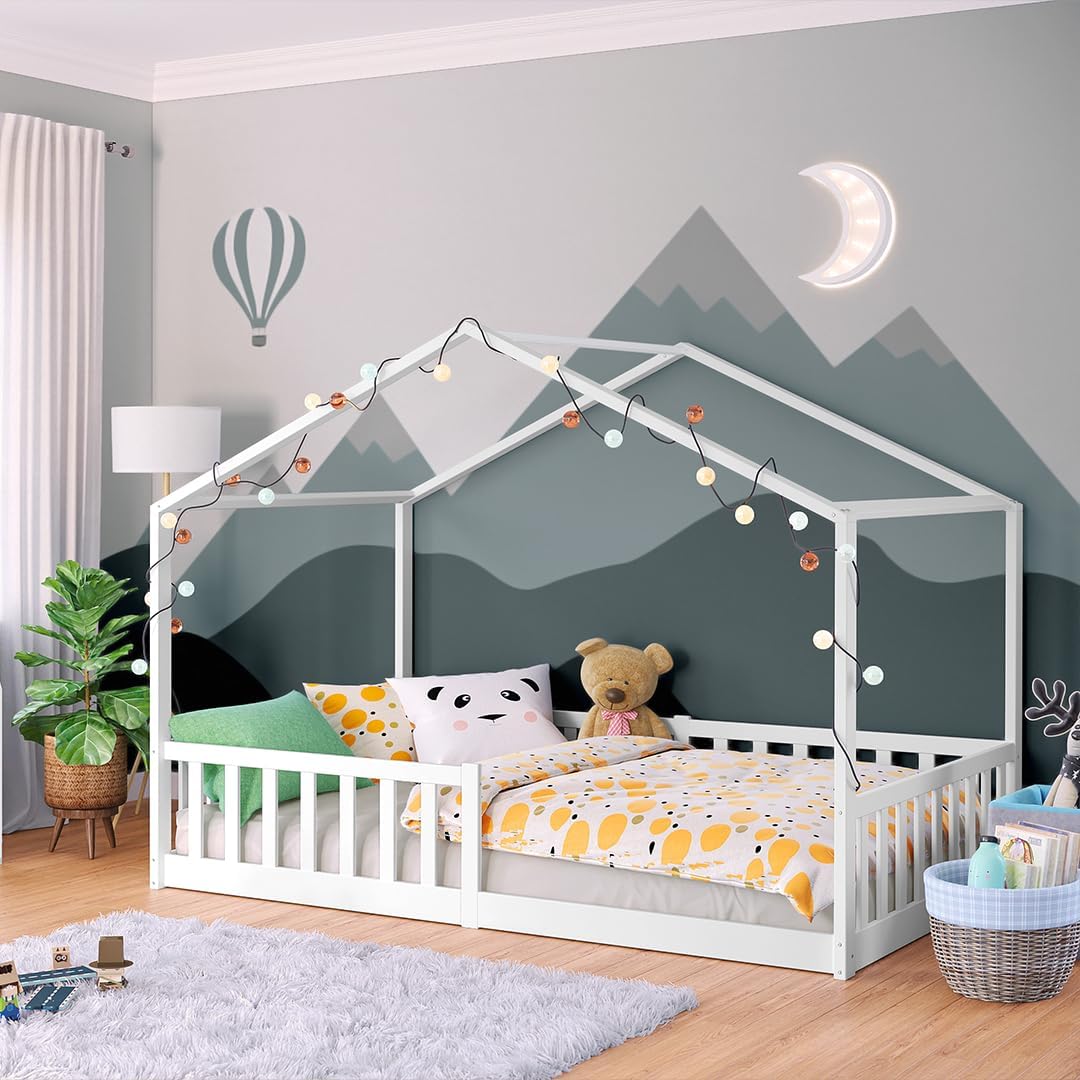 Bellabino Bia Kinderbett 120x200 cm, Bodenbett, Weiß, mit Rausfallschutz