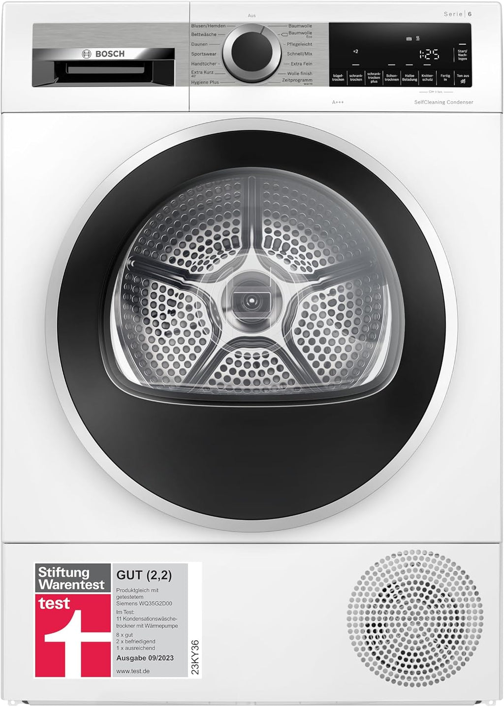 Bosch WQG235D00, Stiftung Warentest GUT (2,2)*, Serie 6, Wärmepumpentrockner 8 kg, Schneller getrocknete Wäsche, Auto Dry, Option Halbe Beladung, Sensitive Drying-System, Selbstreinigender Kondensator