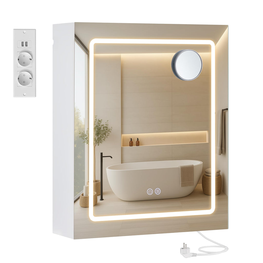VASAGLE Spiegelschrank mit Beleuchtung, Wandschrank, 16,5 x 80 x 60 cm