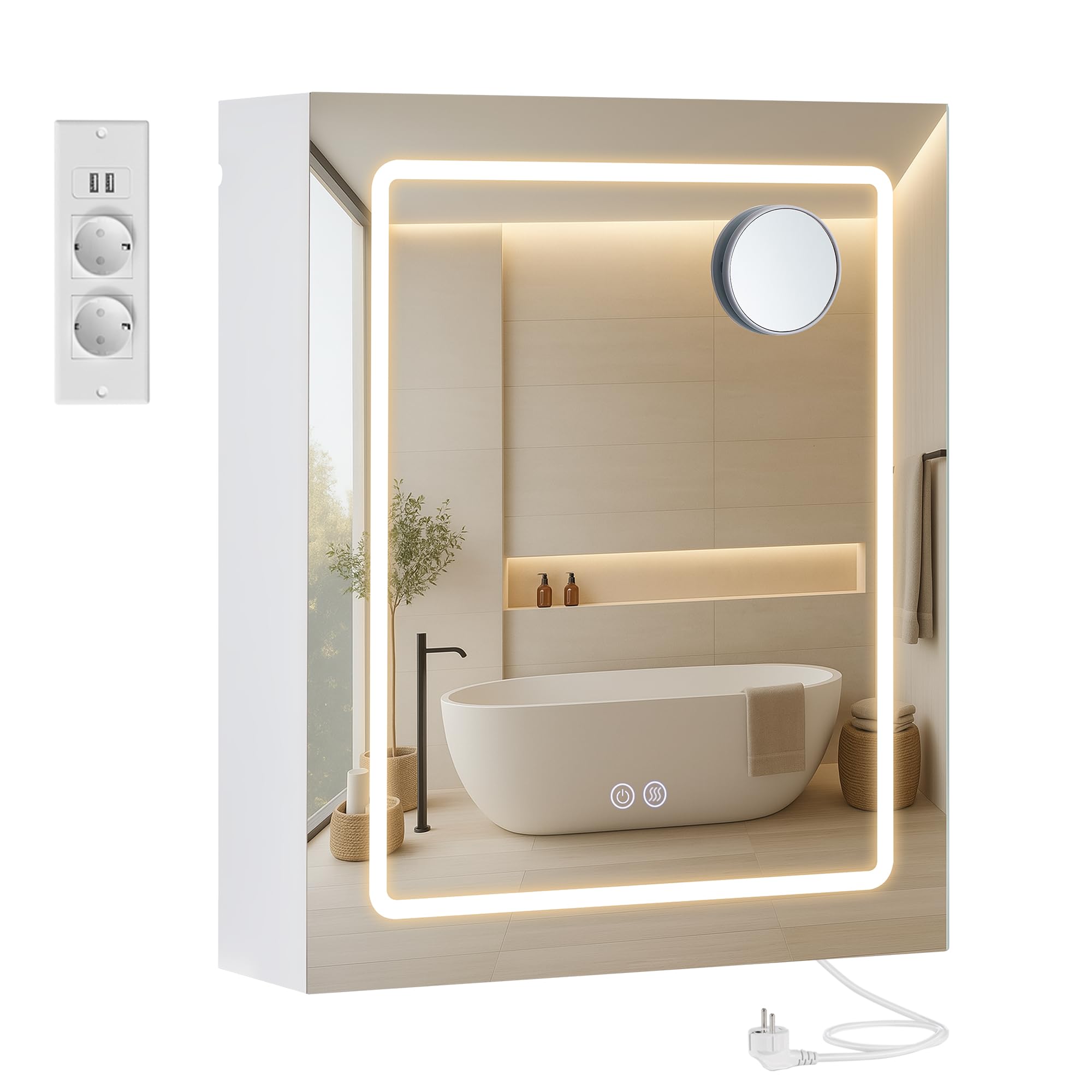 VASAGLE Spiegelschrank mit Beleuchtung, Wandschrank, 16,5 x 80 x 60 cm