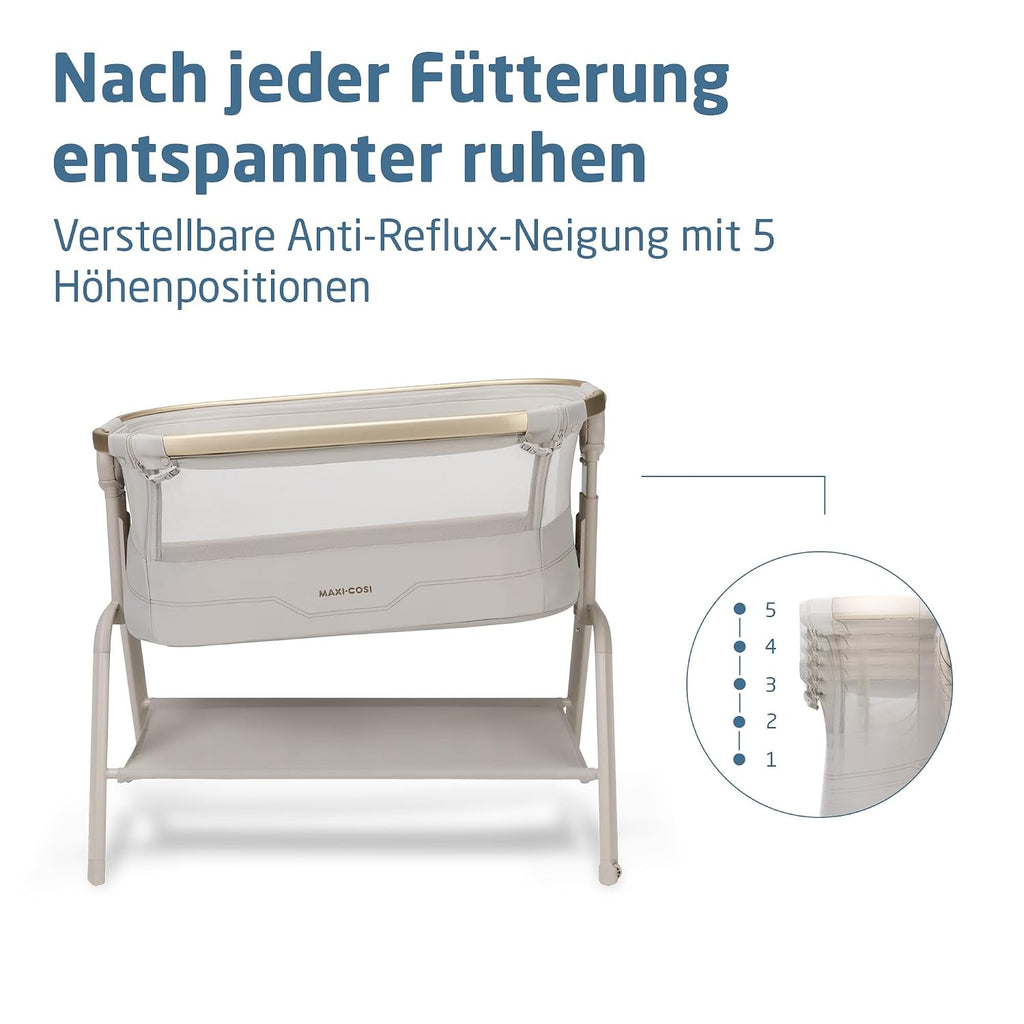 Maxi Cosi Iora² Baby Stubenbett, 0–6 kg (9 kg), Klappbares und Leichtes Beistellbett Baby, 5 cm CloudCore-Matratze, 5 Höhenstufen, 2 Leichtgängige Rollen, Easy Slide, Elegance Beige