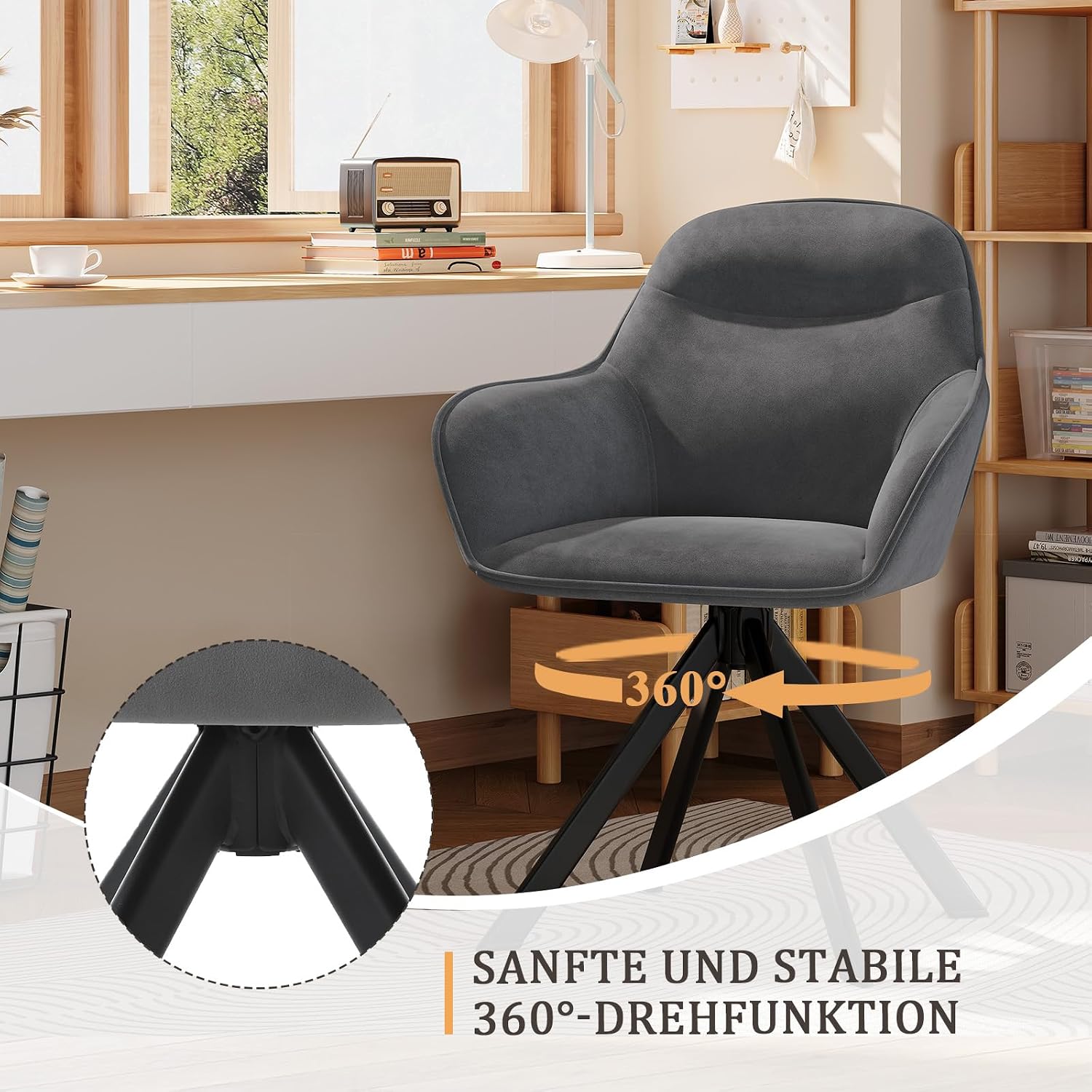 6er Set Esszimmerstühle Drehbar mit Armlehne, 360° Drehstuhl Polsterstuhl Samt Modern Küchenstuhl mit Metallbeine für Esszimmer, Wohnzimmer, Büro, Dunkelgrau