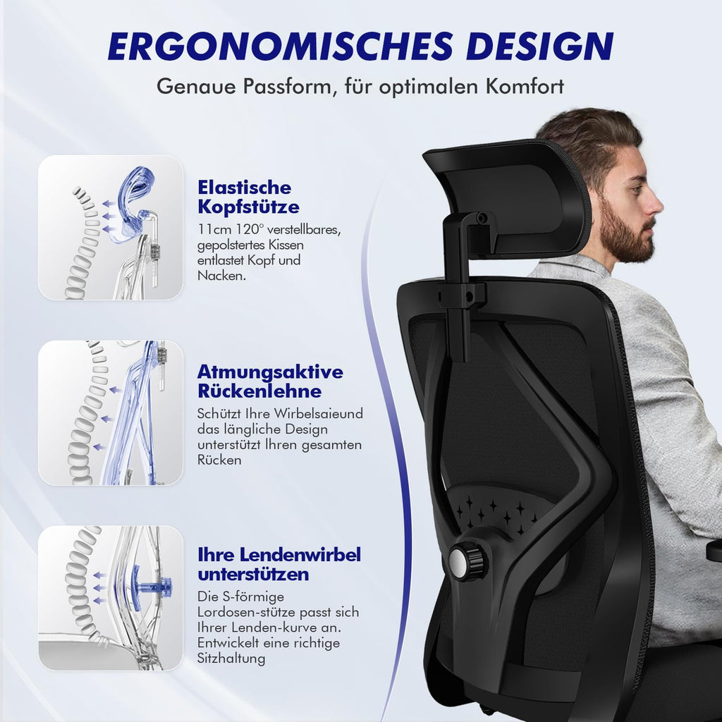 Daccormax Bürostuhl, Bürostuhl Ergonomisch Schreibtischstuhl mit Verstellbaren Armlehnen, Kopfstütze und weiche Lendenstütze aus Naturschwamm, Chefsessel Drehstuhl Wippfunktion 200kg, Schwarz