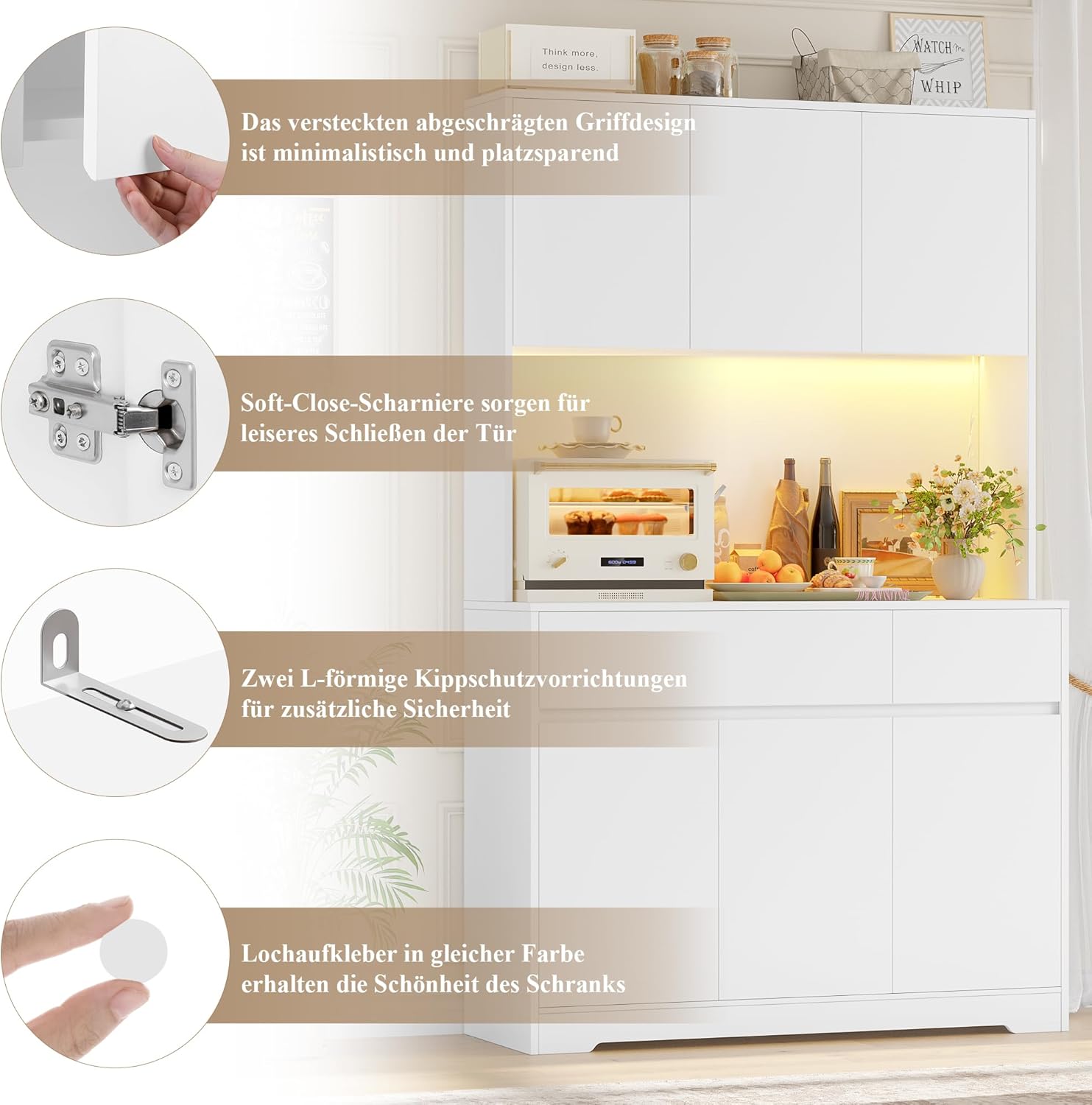 FirFurd Küchenschrank Buffetschrank mit LED und Steckdose Küchenschrank mit Arbeitsplatte Sideboard für Küche Wohnzimmer Esszimmer Küchenbuffet 180x100x38,5cm weiß