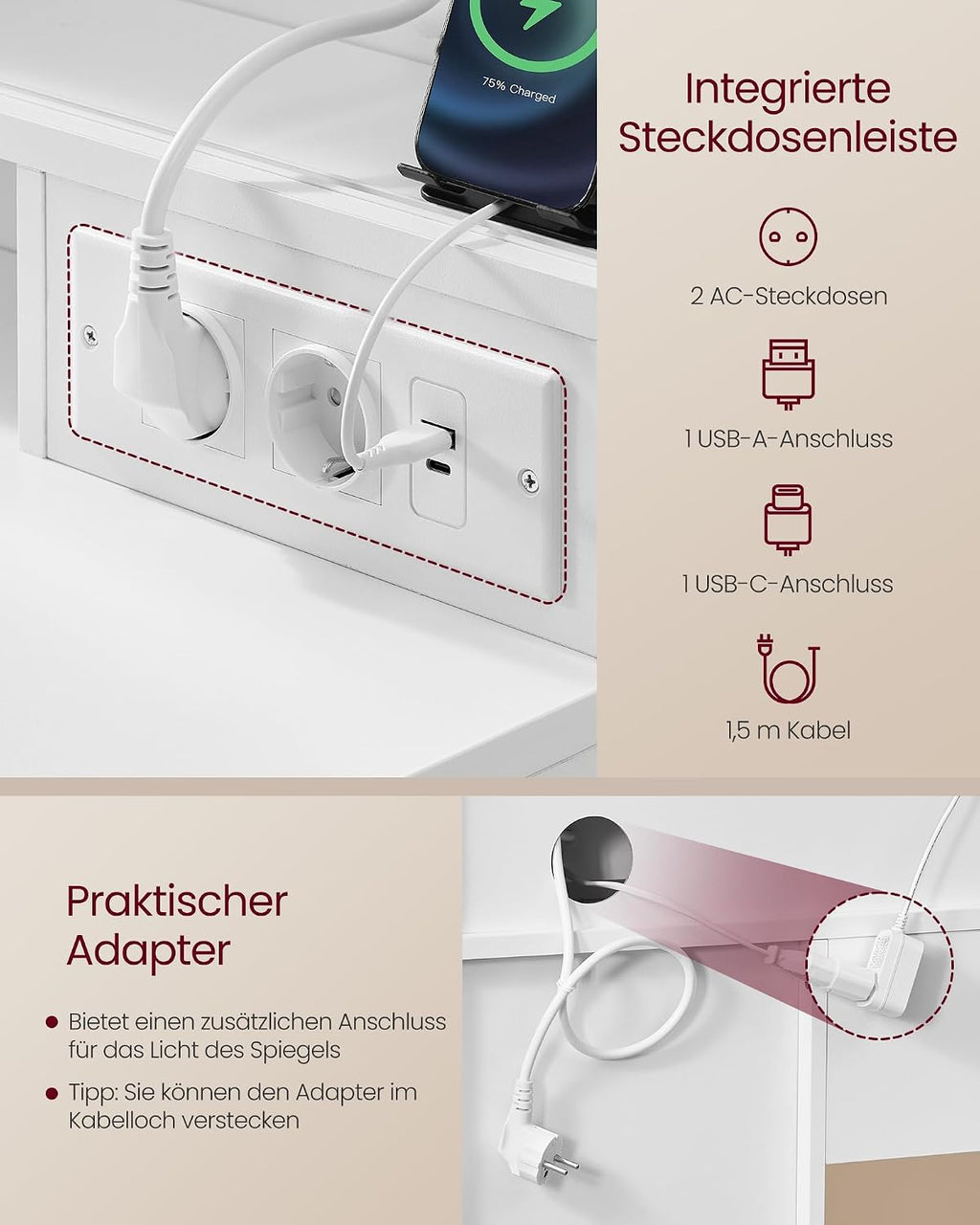 VASAGLE Schminktisch mit Beleuchtung und mit Spiege, 9 Schubladen