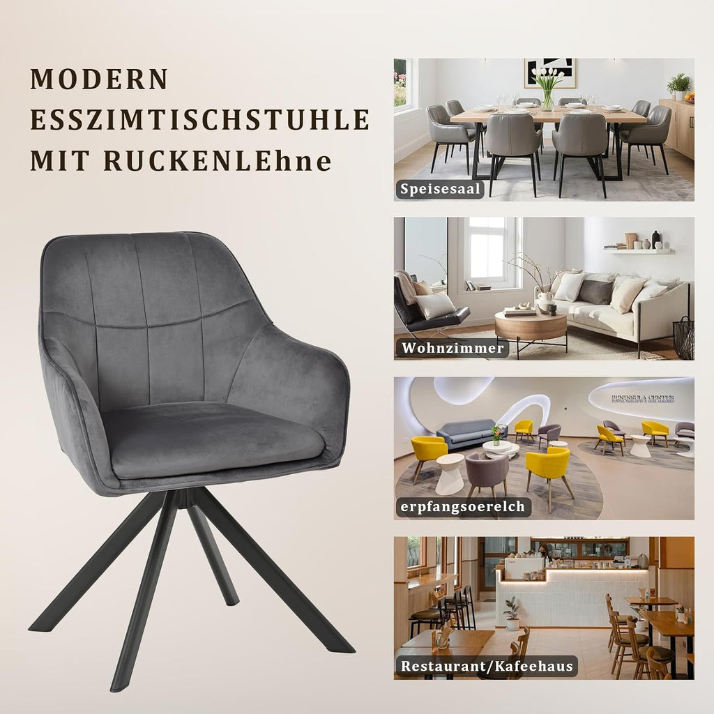 Esszimmerstühle drehbar 4er Set Grau Armlehnenstuhl Polsterstuhl drehstuhl Esszimmer drehstühle aus Samt Küchenstuhl mit Metallbeine für Wohnzimmer Esszimmer