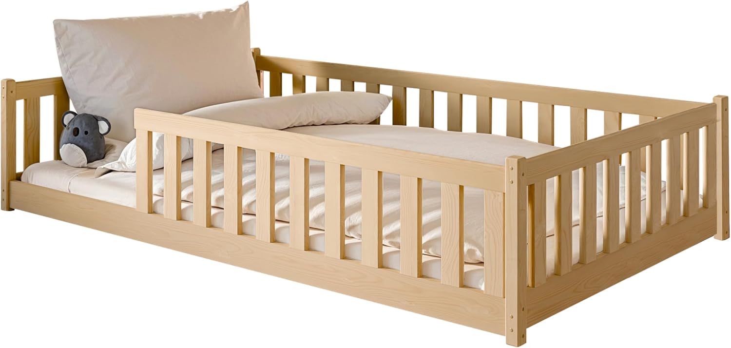 Kids Collective Kinderbett Bodenbett 120x200 cm Bett mit Rausfallschutz & Lattenrost Montessori Bett Bed Gitterbett Kinder Jugendbett Einzelbett | Natur Kiefer Holz massiv Junge Mädchen