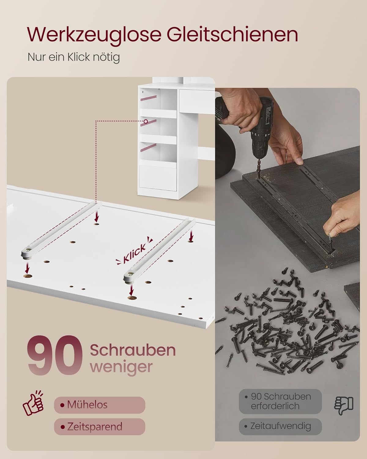 VASAGLE Schminktisch mit Beleuchtung und mit Spiege, 9 Schubladen
