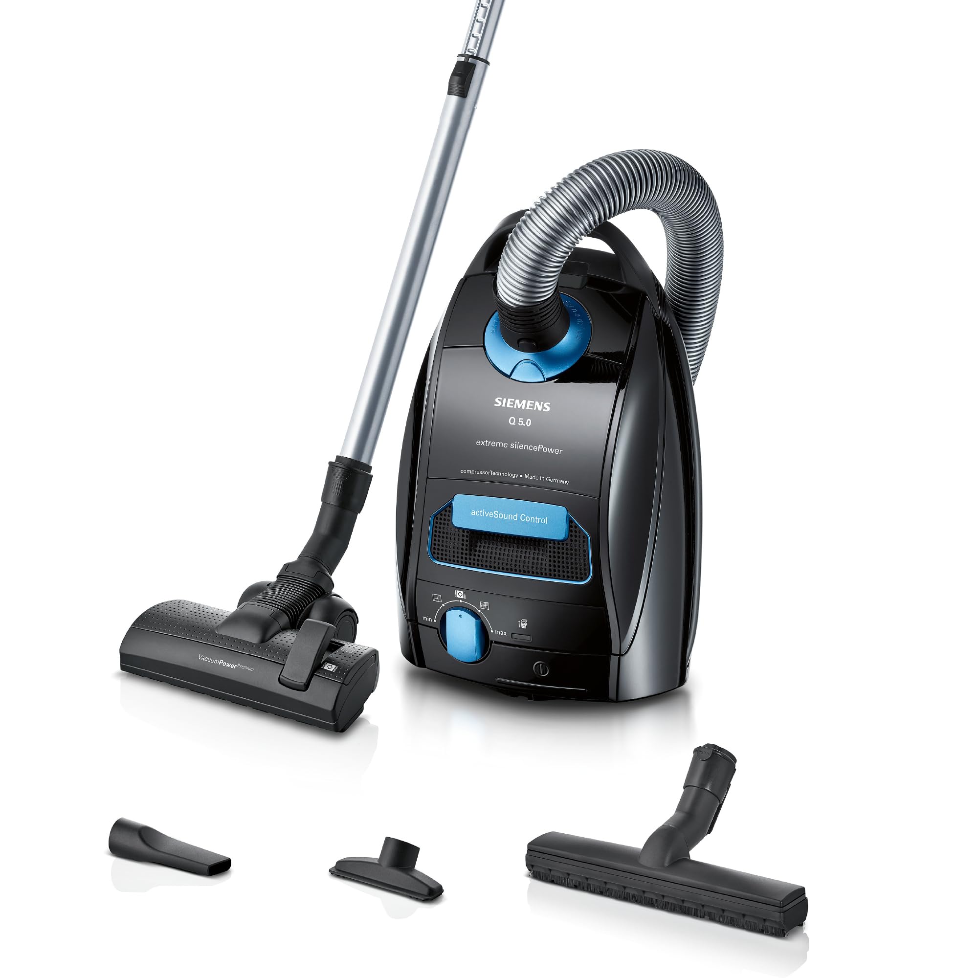 Siemens Staubsauger mit Beutel Q5.0 extreme silencePower VSQ5X1230, ideal für Allergiker, Hygiene-Filter, starke Saugleistung, Bodendüse für Parkett, Teppich, Fliesen, langes Kabel, 850 W, schwarz