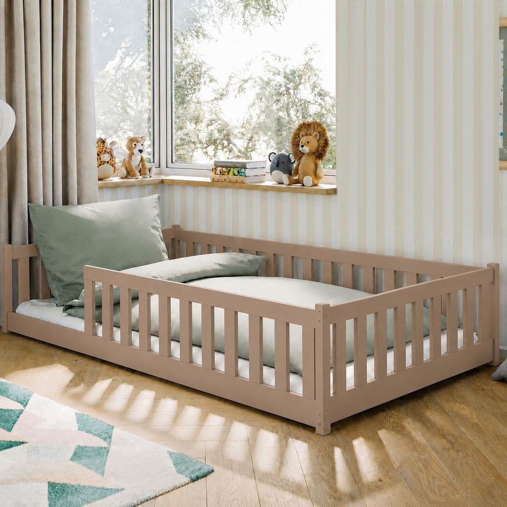 Kids Collective Kinderbett Bodenbett 120x200 cm Bett mit Rausfallschutz & Lattenrost Montessori Bett Bed Gitterbett Kinder Jugendbett Einzelbett | Natur Kiefer Holz massiv Junge Mädchen