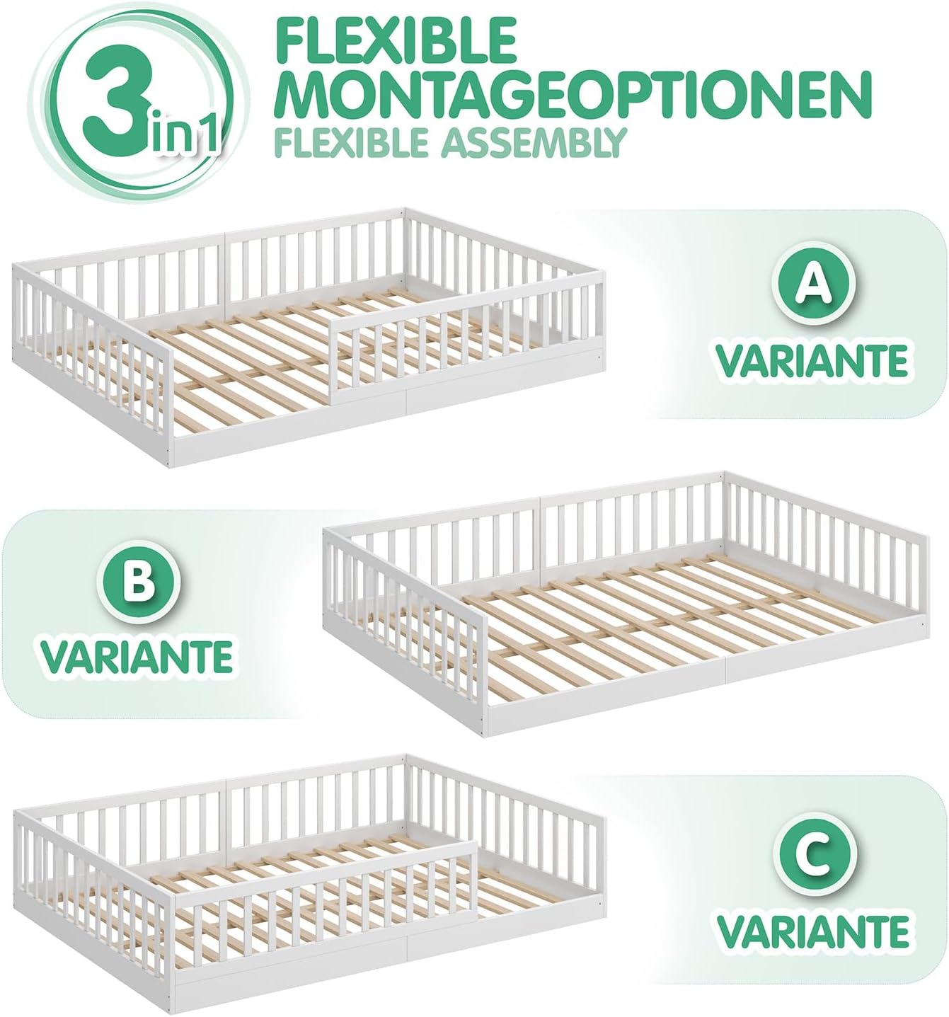 CADANI TIMI XL Bodenbett 140x200 Weiß, Rausfallschutz abnehmbar, bis 200 kg