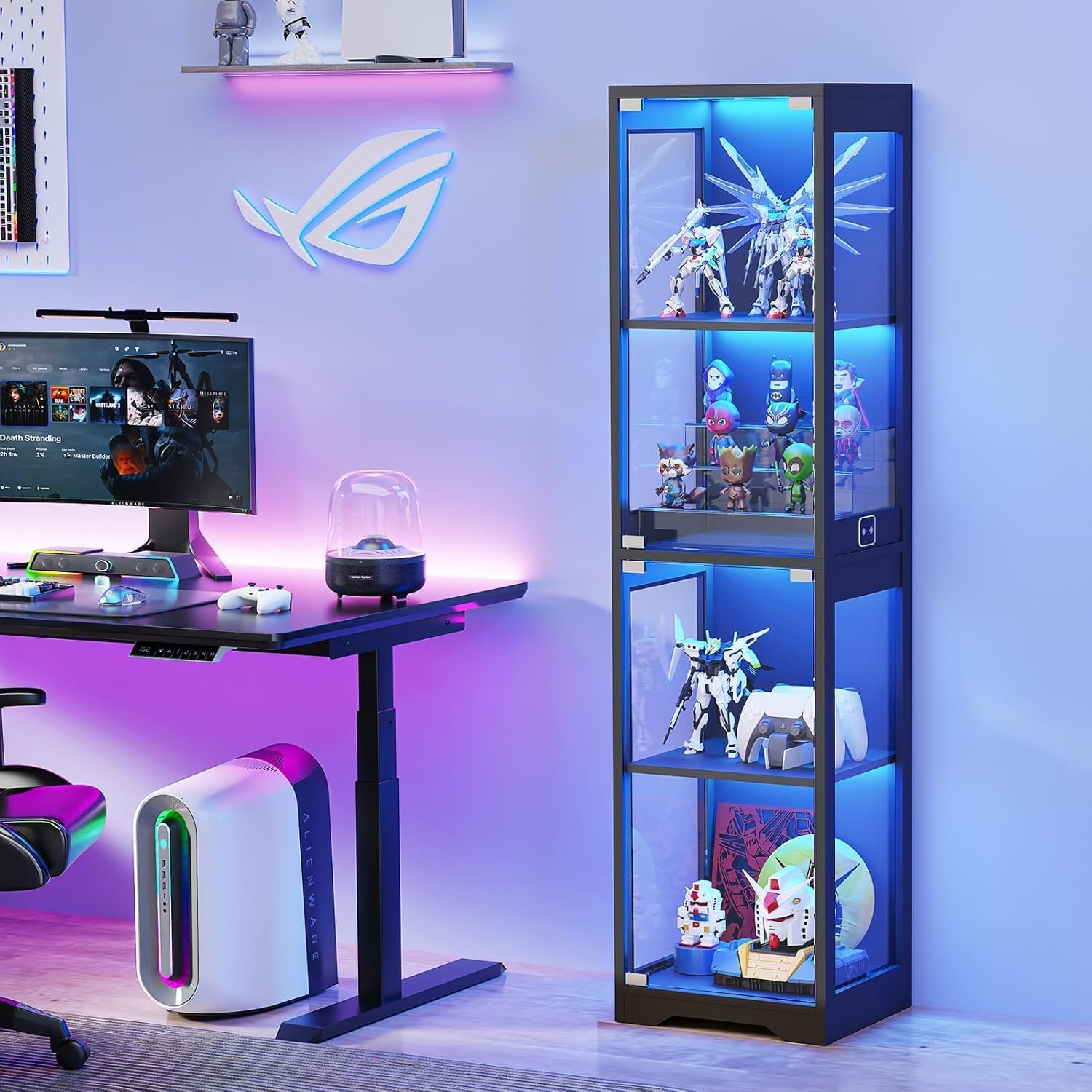 BROTTAR Glasvitrine mit Dreifarbig LED Beleuchtung und Glastüren, Glasvitrine Stehend mit Körpersensor-System, Sammlervitrine für Wohnzimmer, Büro, Bücher, Spielzimmer, Schwarz (40 x 35 x 160cm)