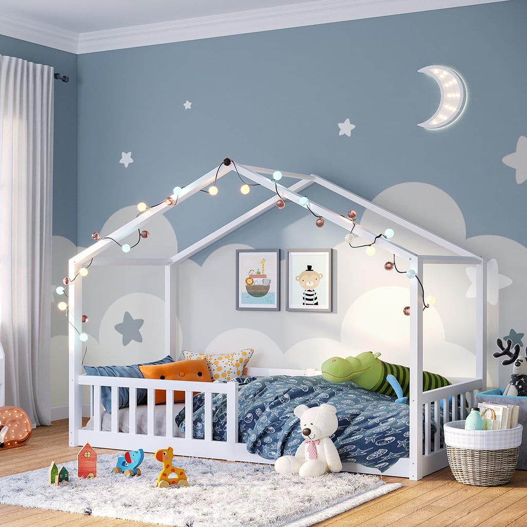 Bellabino Bia Kinderbett 120x200 cm, Bodenbett, Weiß, mit Rausfallschutz