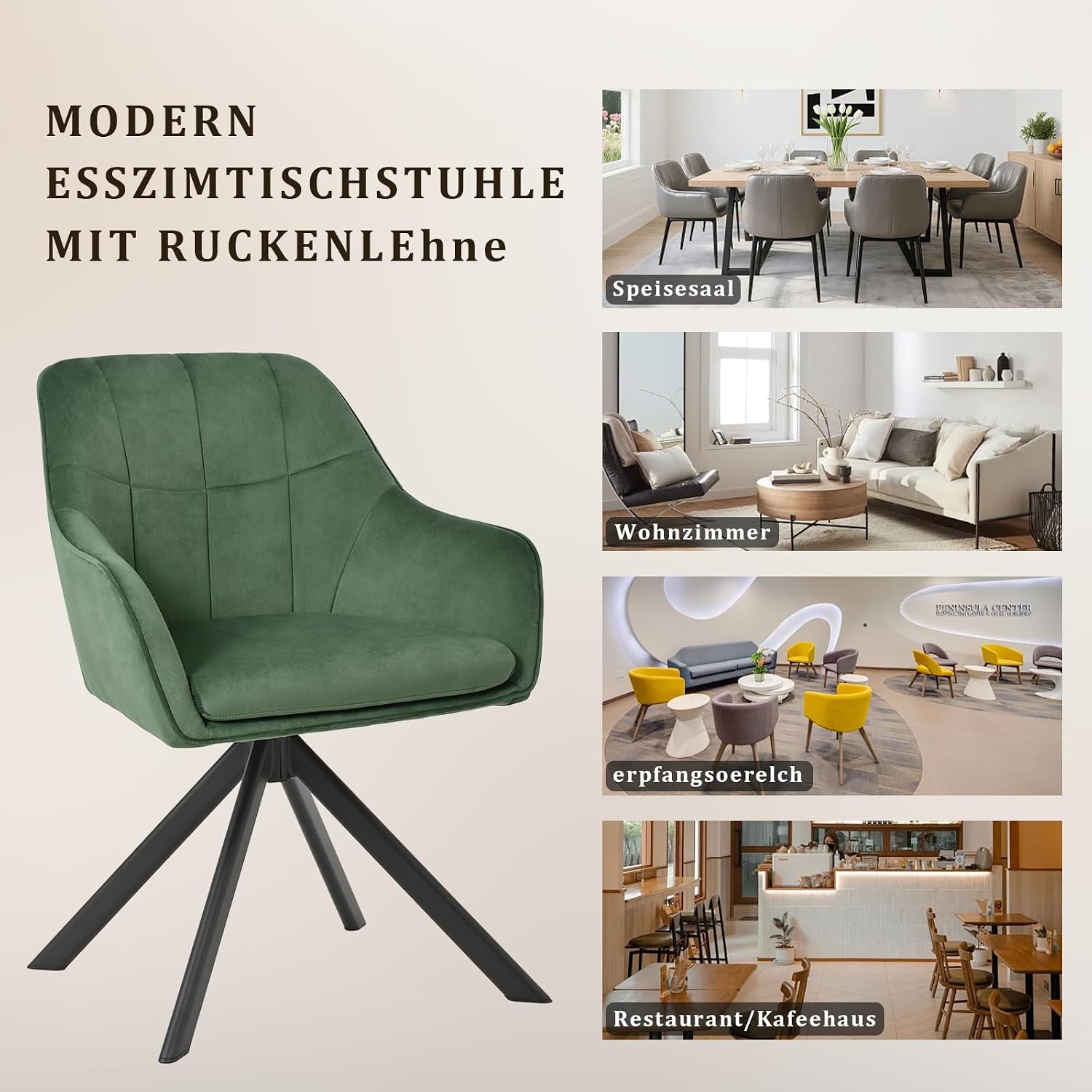 Drehstuhl Esszimmer 4er Set Samt Grün mit Armlehne Polsterstuhl Esszimmerstühle drehbar Küchenstuhl mit Metallbeine für Wohnzimmer Esszimmer