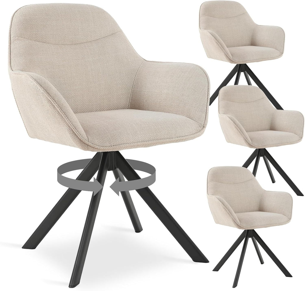 Esszimmerstühle Drehbar 4er Set mit Armlehne, 360° drehbar, Polsterstuhl Leinen, Drehstuhl Esszimmer Beige, Küchenstuhl mit Metallbeine für Esszimmer, Wohnzimmer, Büro