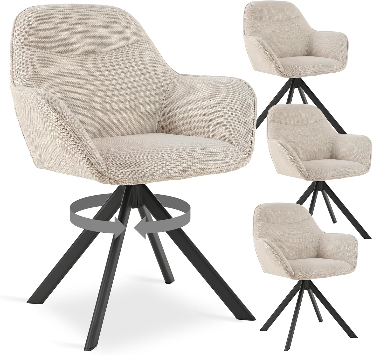 Esszimmerstühle Drehbar 4er Set mit Armlehne, 360° drehbar, Polsterstuhl Leinen, Drehstuhl Esszimmer Beige, Küchenstuhl mit Metallbeine für Esszimmer, Wohnzimmer, Büro