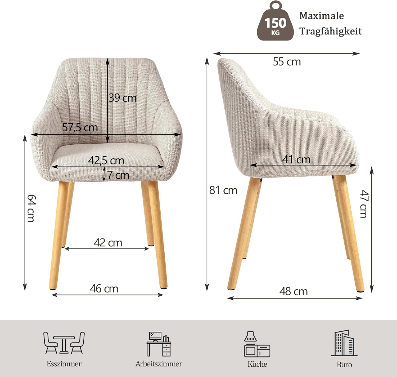 Armlehnenstuhl Esszimmerstuhl 4er Set Beige Holzbeine Polsterstuhl mit Armlehne Stühle Esszimmer Küchenstuhl Wohnzimmerstuhl aus Polyester