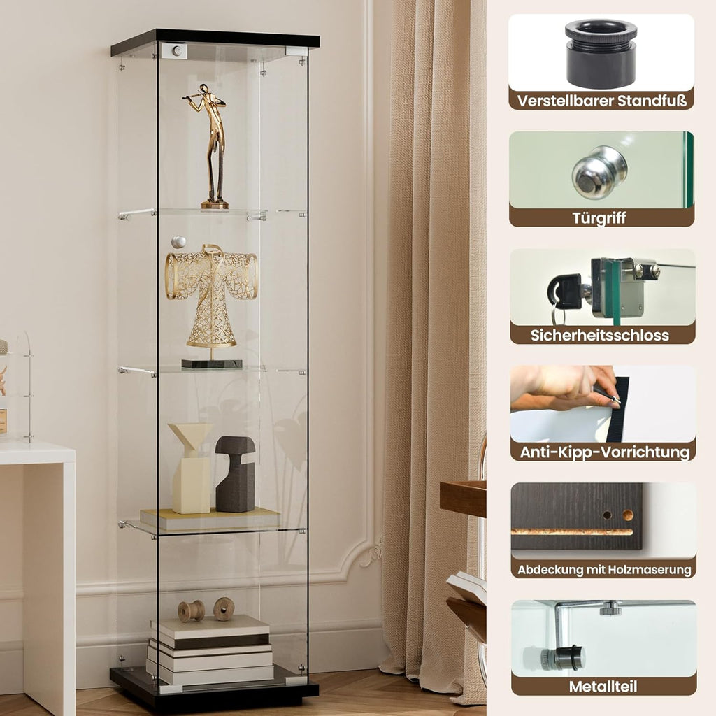 Glasvitrine Standvitrine in Schwarz, 164x42,5x36,5CM Glas Vitrine